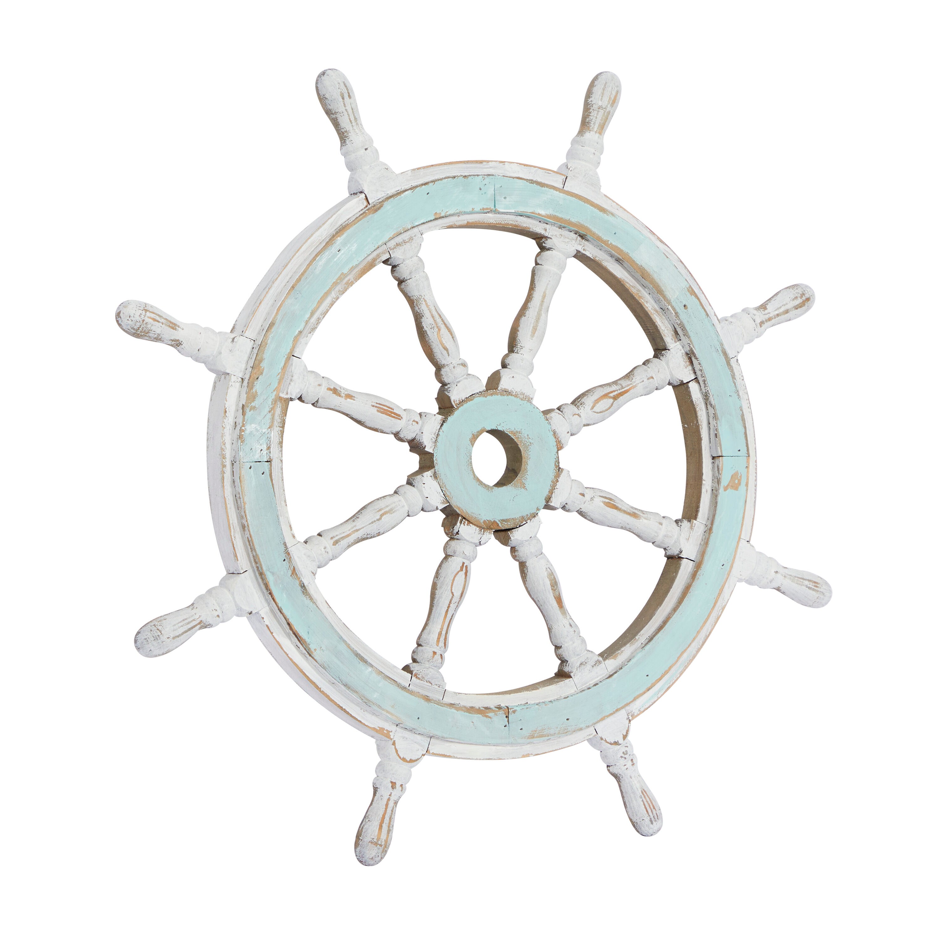 24" Blue and White Distressed Wood Ship Wheel Wall Decor