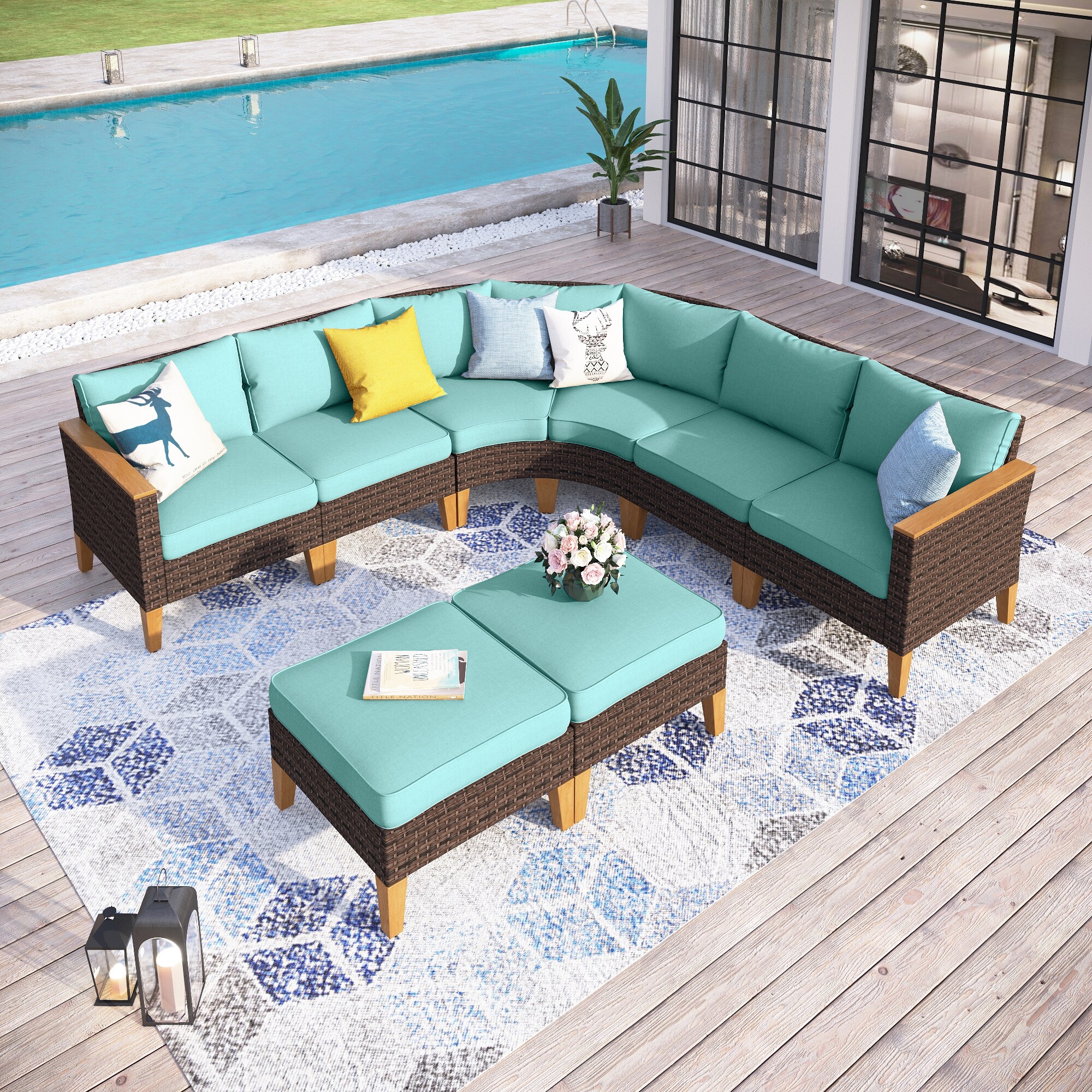 Sunshine Valley CR006-11-8-BU Half-moon Patio Conversation Set 7 -Piece Wicker Patio Sofa Conversation Set with Blue CUSHION PRO Cushions
