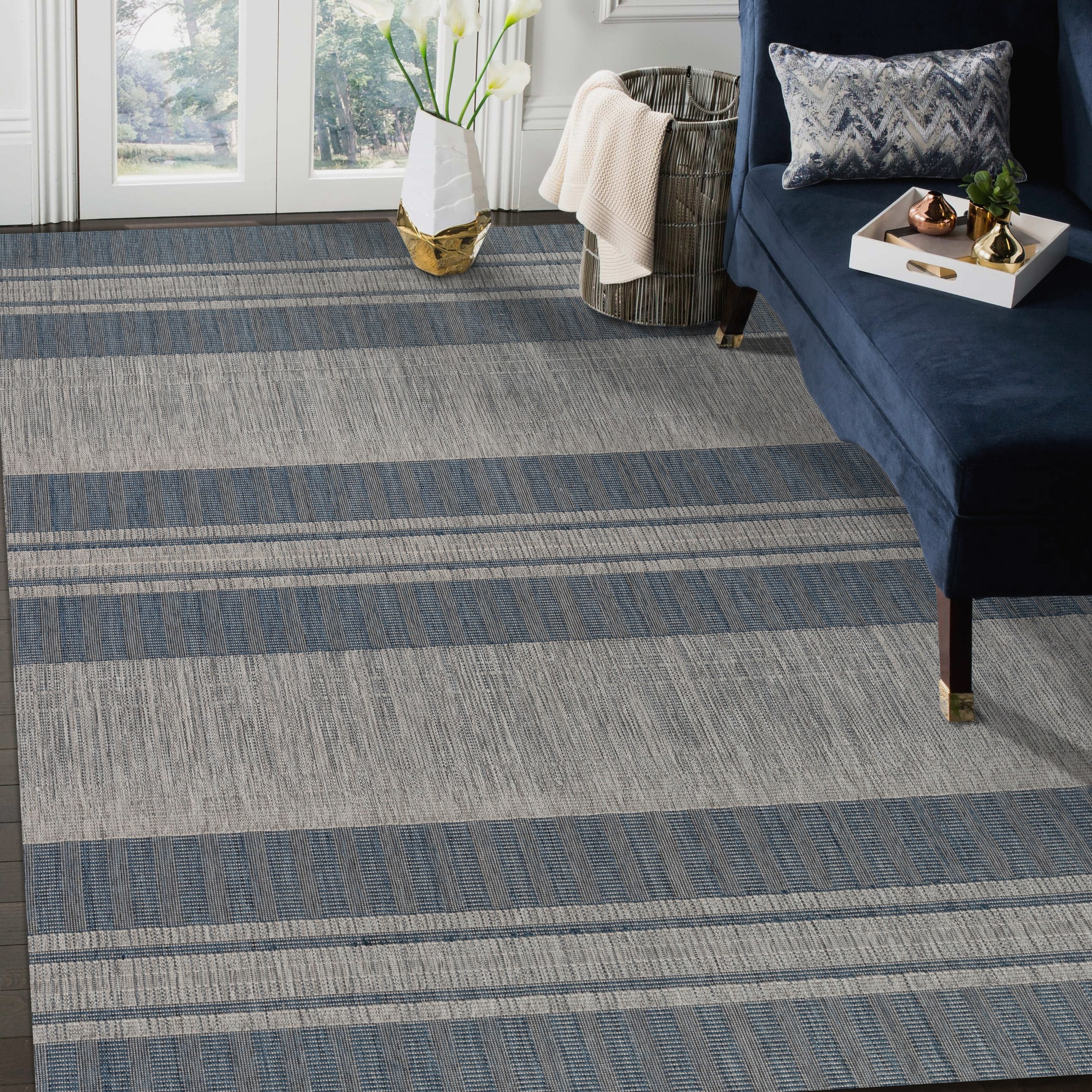 Amer Rugs MRY62408 2 x 8 (ft) Polypropylene Blue/Ivory Rectangular Indoor/Outdoor Stripe Runner rug