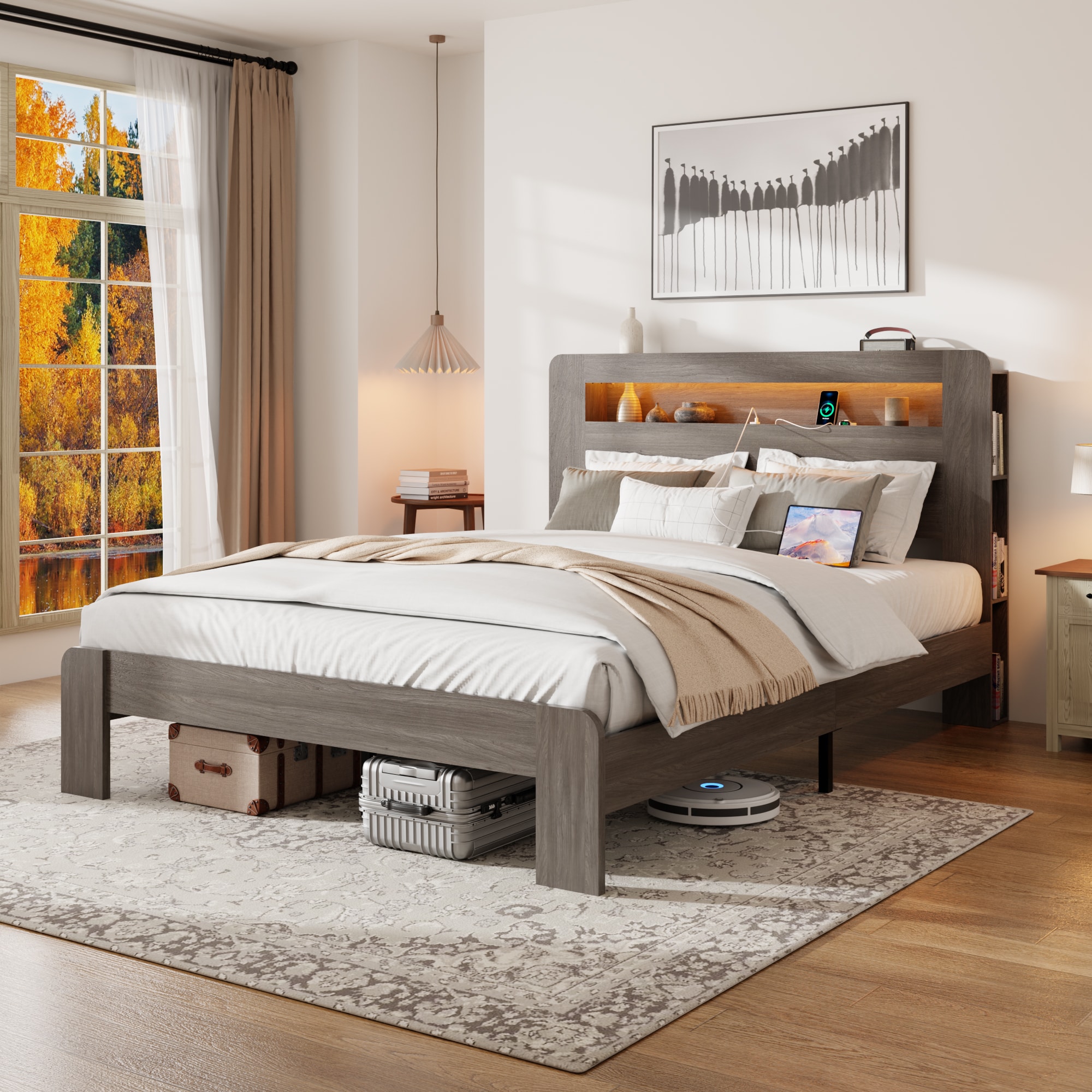 JUSHUA - Bed Frame Queen Size Wood Platform Bed Frame with Storage LED Light Headboard and 2 USB ...