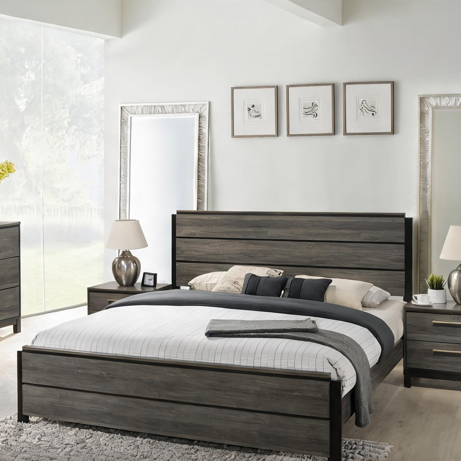 Naturefalls Soft gray engineered wood king panel bed with rustic ...