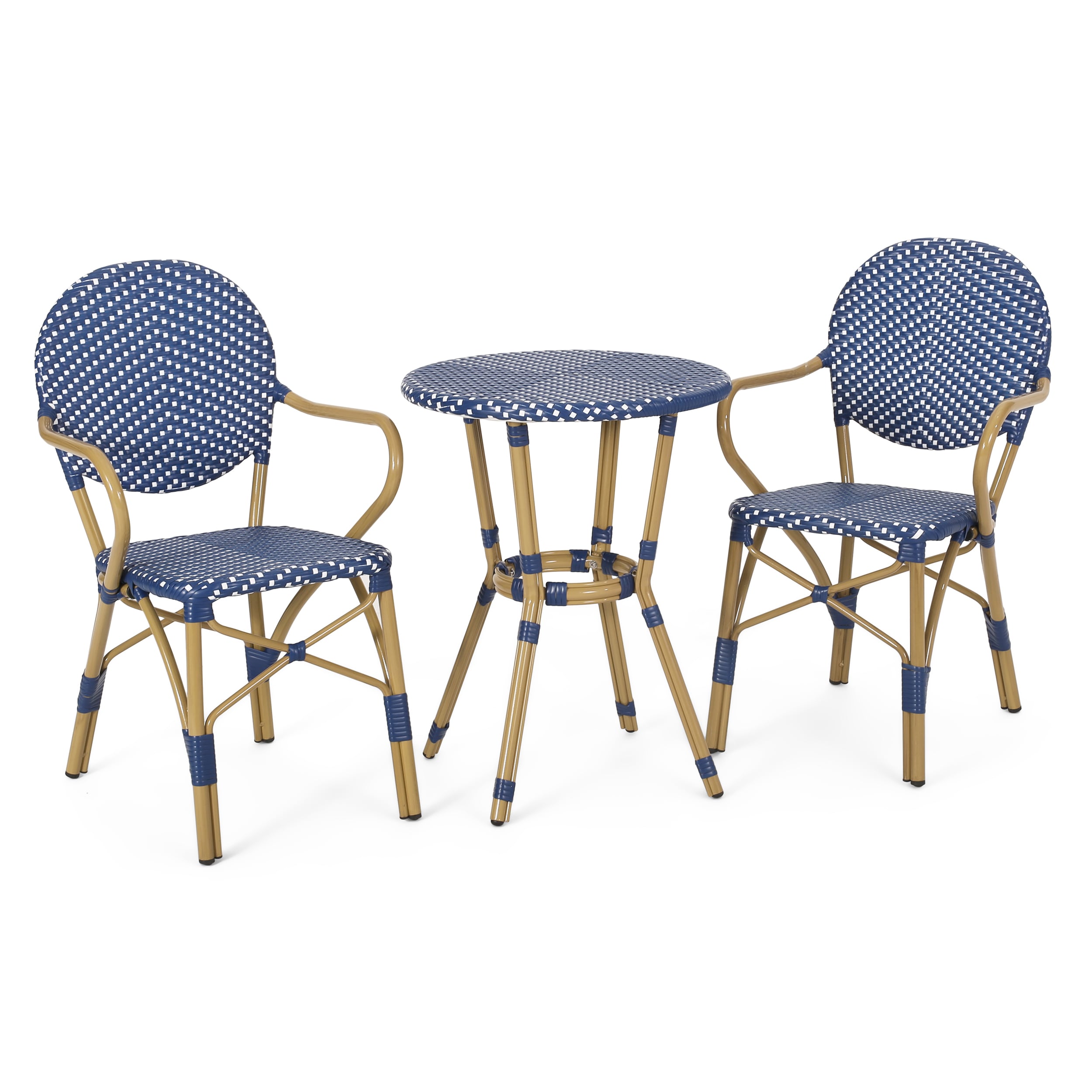 Best Selling Home Decor 314453 Groveport 3 -Piece Blue Rattan Bistro Patio Dining Set Aluminum Round Table with 2 Stationary Chairs