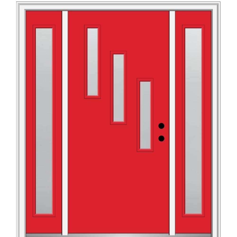 MMI DOOR ZZ347958L Spotlights 60-in x 80-in x 4-9/16-in Fiberglass Pulse lite Left-hand inswing Red Saffron Painted Prehung Front Door with Sidelights with Brickmould Insulating core