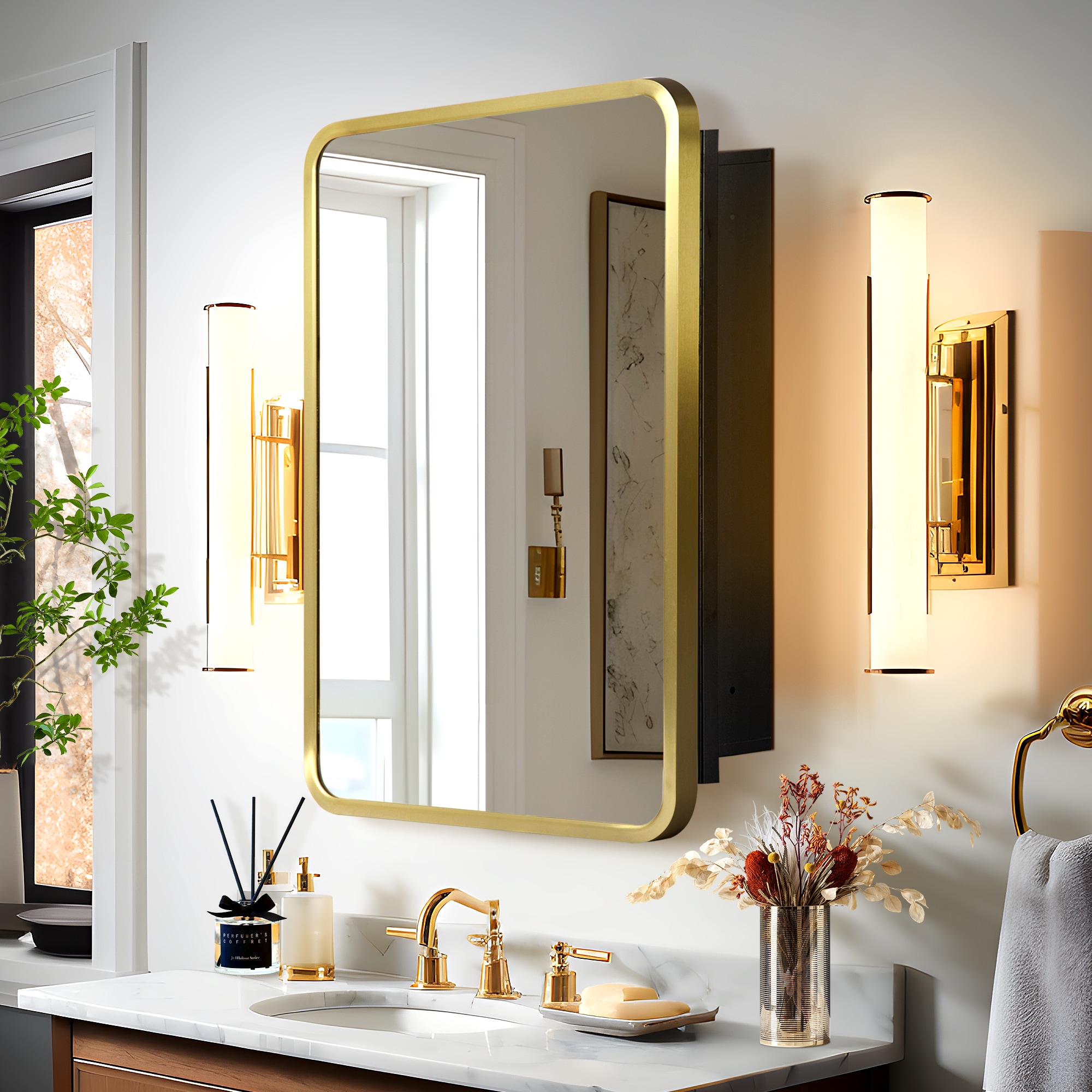 Brushed Gold Bathroom Shelf with Hooks Aluminum Rectangle Kitchen