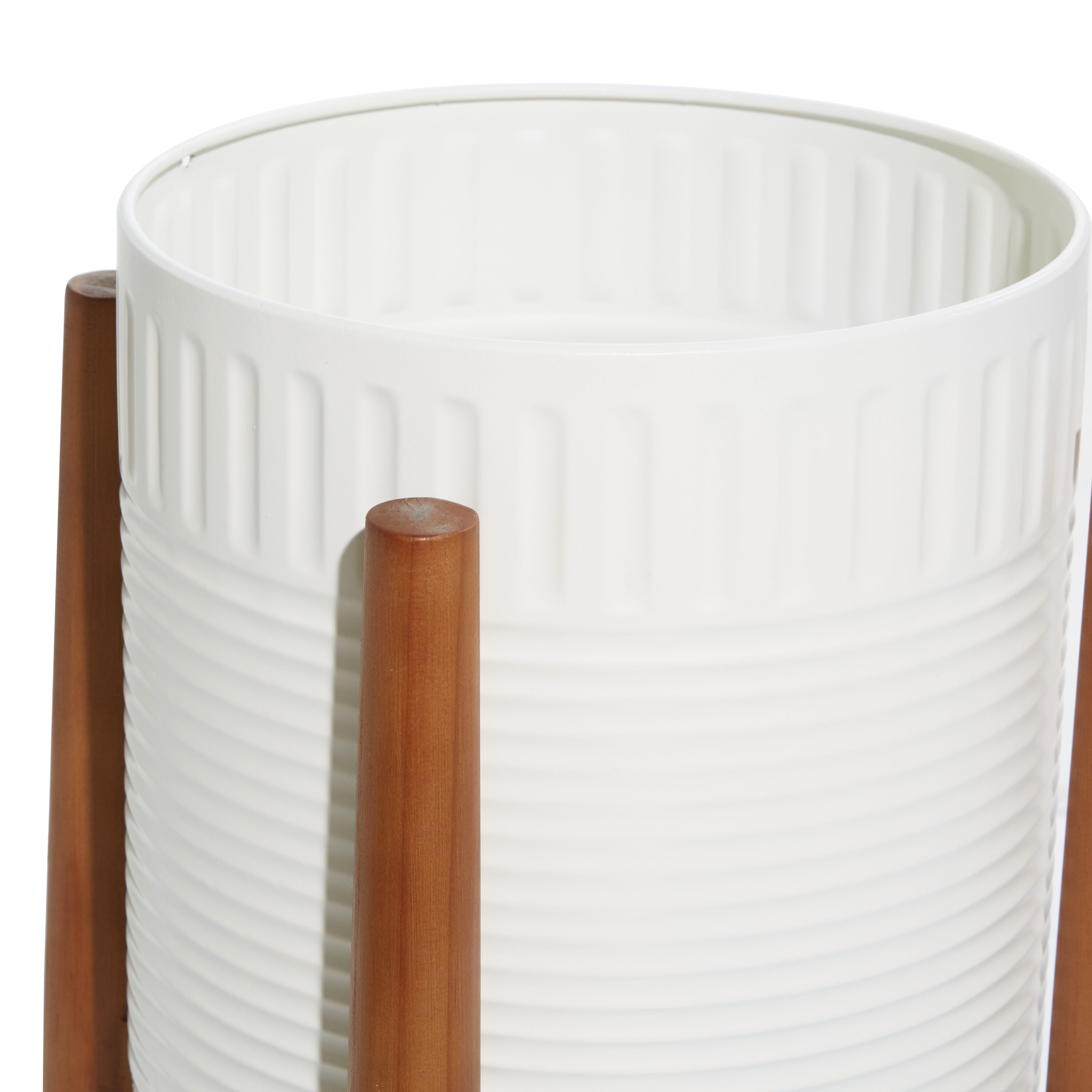 Elegant White Metal & Warm Wood Round Planters, Set of 2