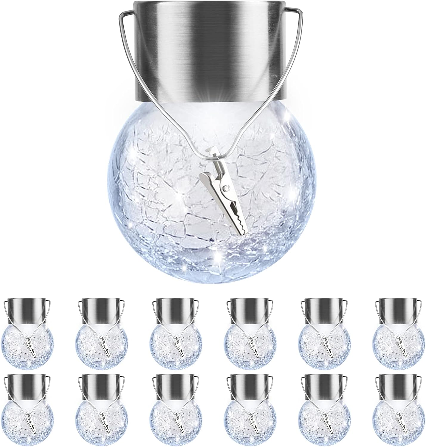 Cinoton 12 Pack Hanging Solar Lights Outdoor Waterproof Solar Globe Lantern with Handle and Clip Decorative Cracked Glass Ball Lights for Christmas Decor Tree Yard Garden Patio Cold White