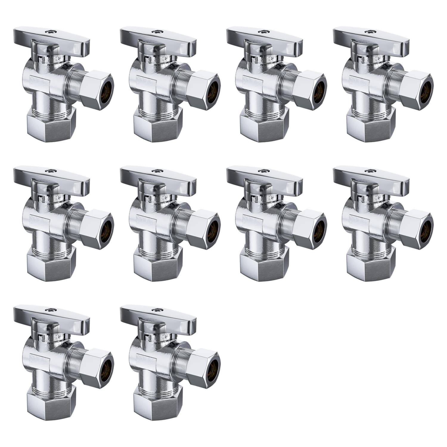OGETFUUR 10-Pack 1/2-in Nominal Compression x 3/8-in OD Compression Chrome Brass Quarter Turn Angle Stop Valve for Bathroom Toilet Kitchen Shower Plumbing