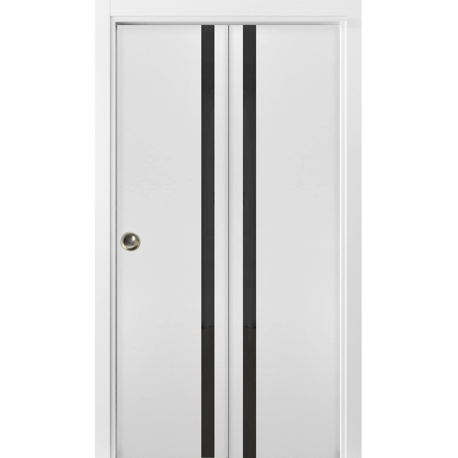 SARTODOORS Sliding Closet Bi-fold Doors 18 x 84 - Planum 0040 White Silk with Black Glass - Sturdy Tracks Moldings Trims Hardware Set - Wood Solid Bedroom Wardrobe Doors