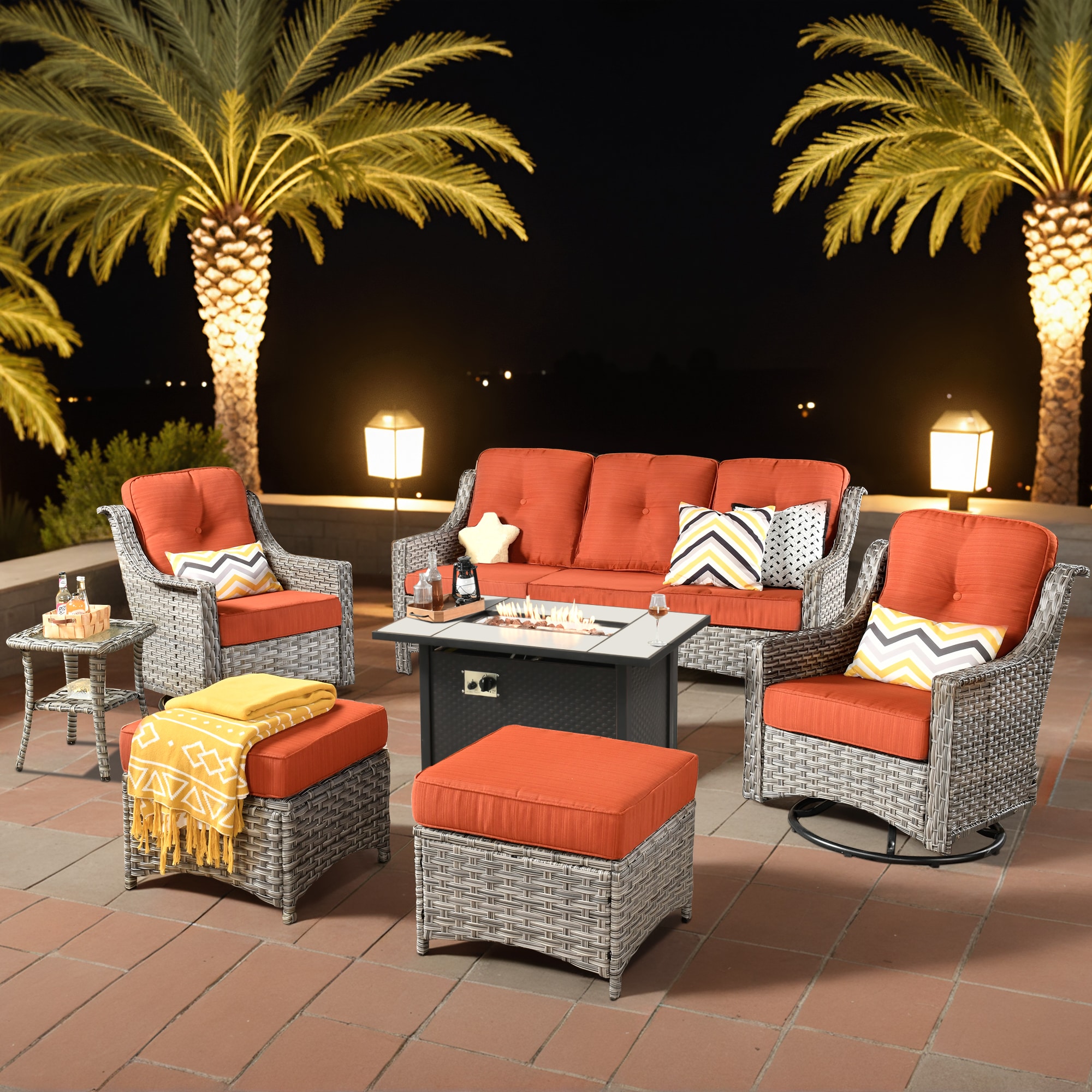 weaxty HMBCFP03-PAD80C6 Aireno 7 -Piece Rattan Patio Sofa Conversation Set with Orange Cushions