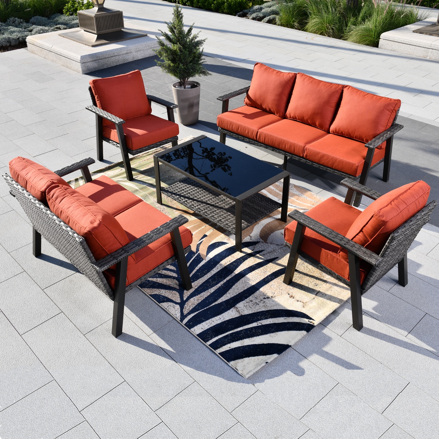 XIZZI Taurus 5-Piece Wicker Patio Conversation Set with Orange 