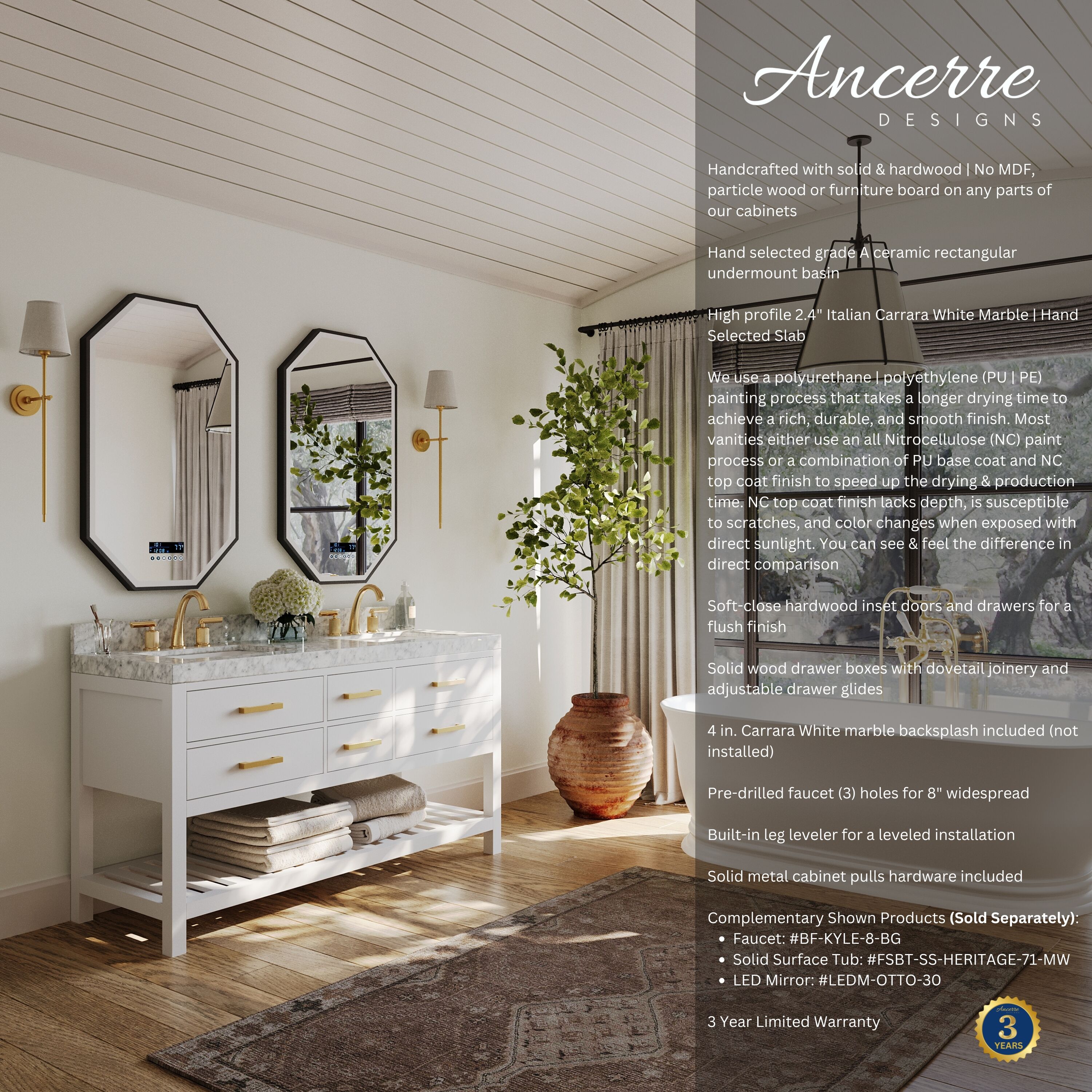 Elizabeth 60'' White Marble Double Vanity with Gold Hardware