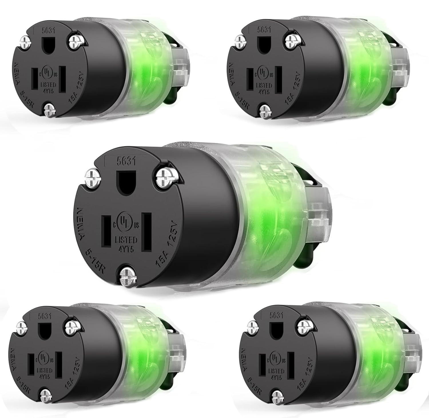 Misopily  5 pack lighted 15 amp 125 volt extension cord replacement ends female repair kit NEMA 5 15R 2 pole 3 wire grounding connector UL listed