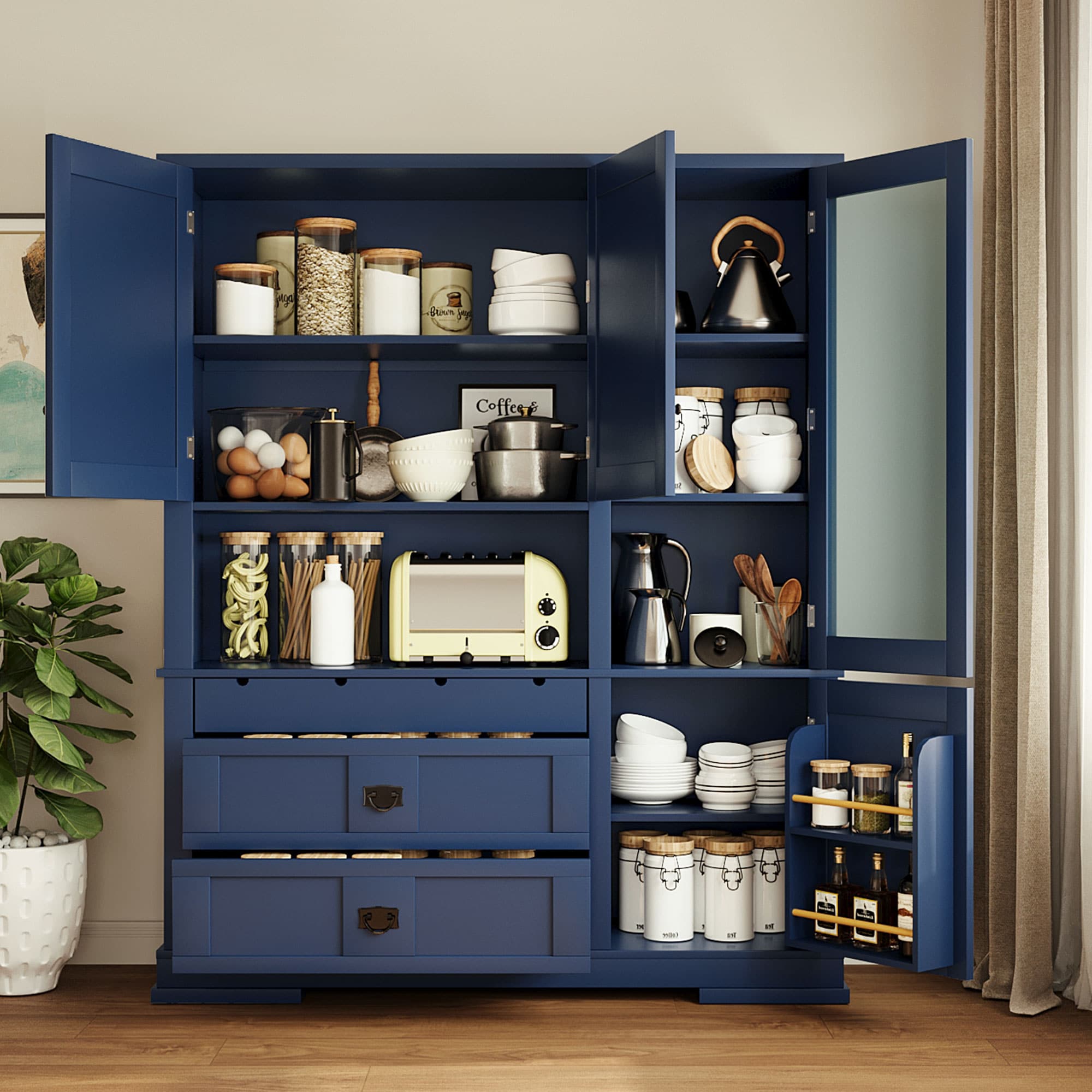 ModernLuxe Assembly Required Traditional 63.317.8.78.3inch Freestanding Buffet with Hutch Large Kitchen Pantry Storage Cabinet Cupboard with DrawersDoor Shelf and Adjustable Shelves Blue