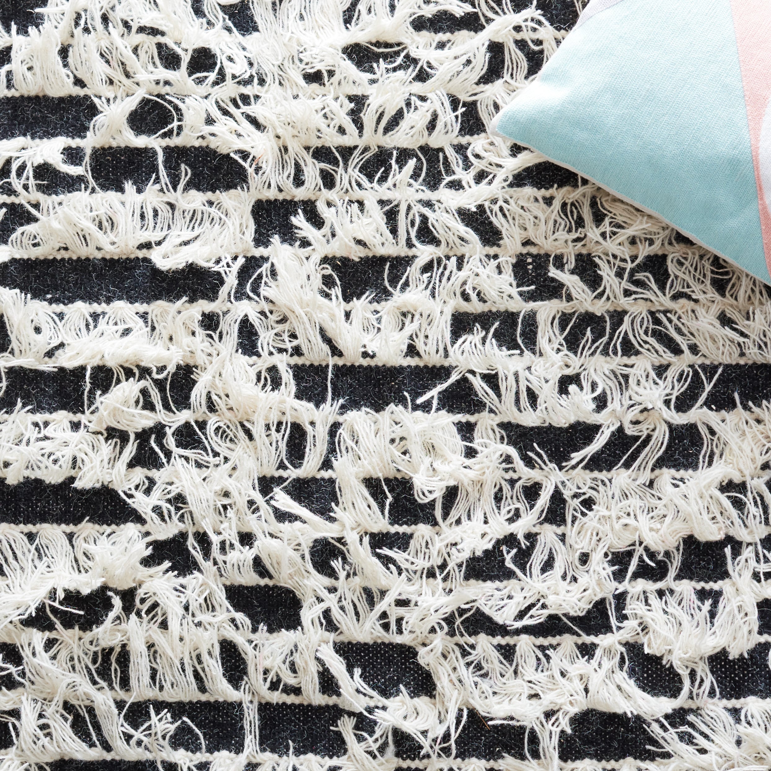 Handwoven Black and Ivory Abstract Wool Square Rug 6' x 6'