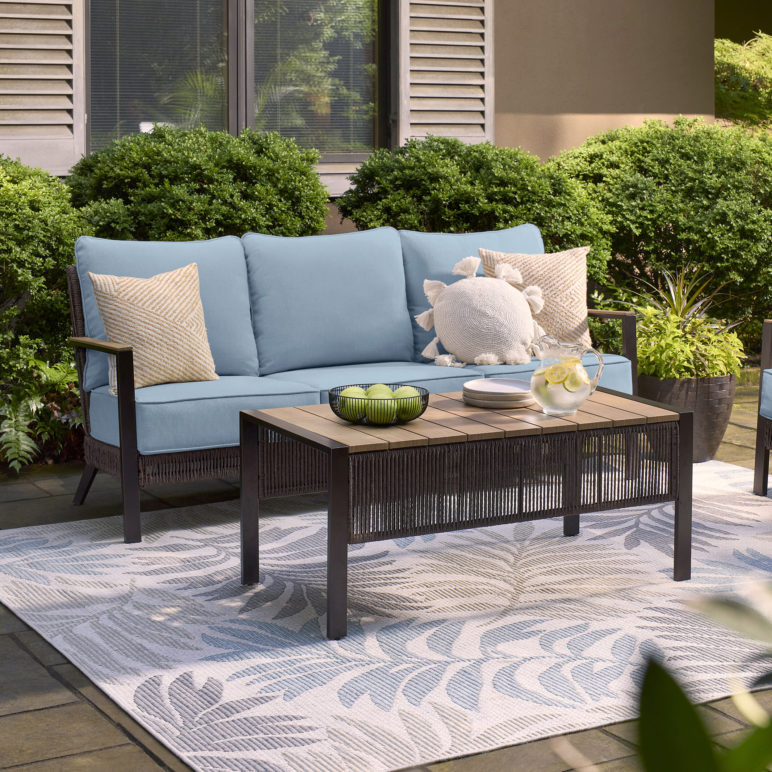 allen + roth A203188912 Ashford 2 -Piece Wicker Patio Sofa Conversation Set with Blue Cushions