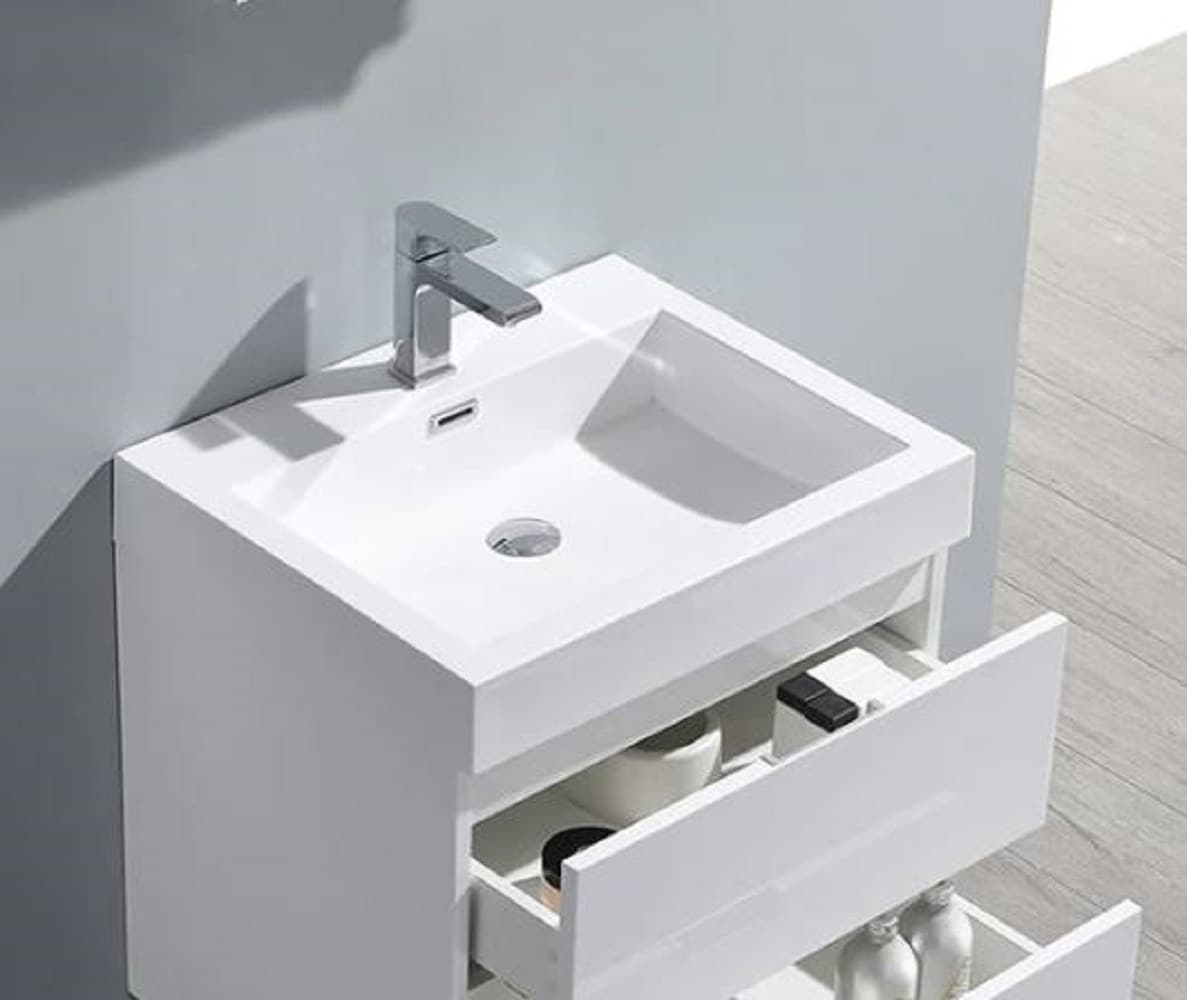 Glossy White 24" Wall-Mount Bathroom Vanity with Acrylic Sink