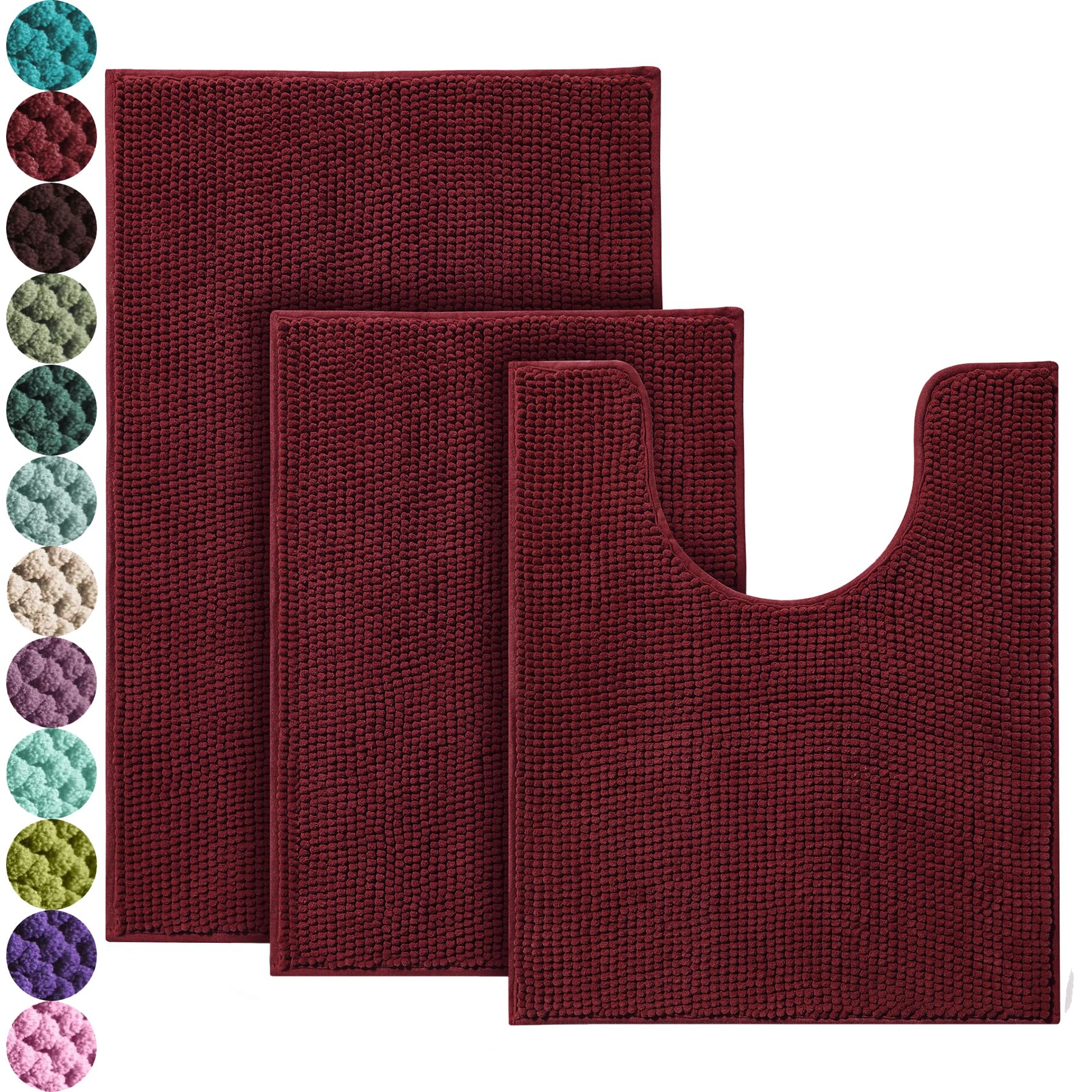PUPWE - 3 Piece Non Slip Chenille Bathroom Rug Set Ultra Soft Absorbent Washable Floor Mat