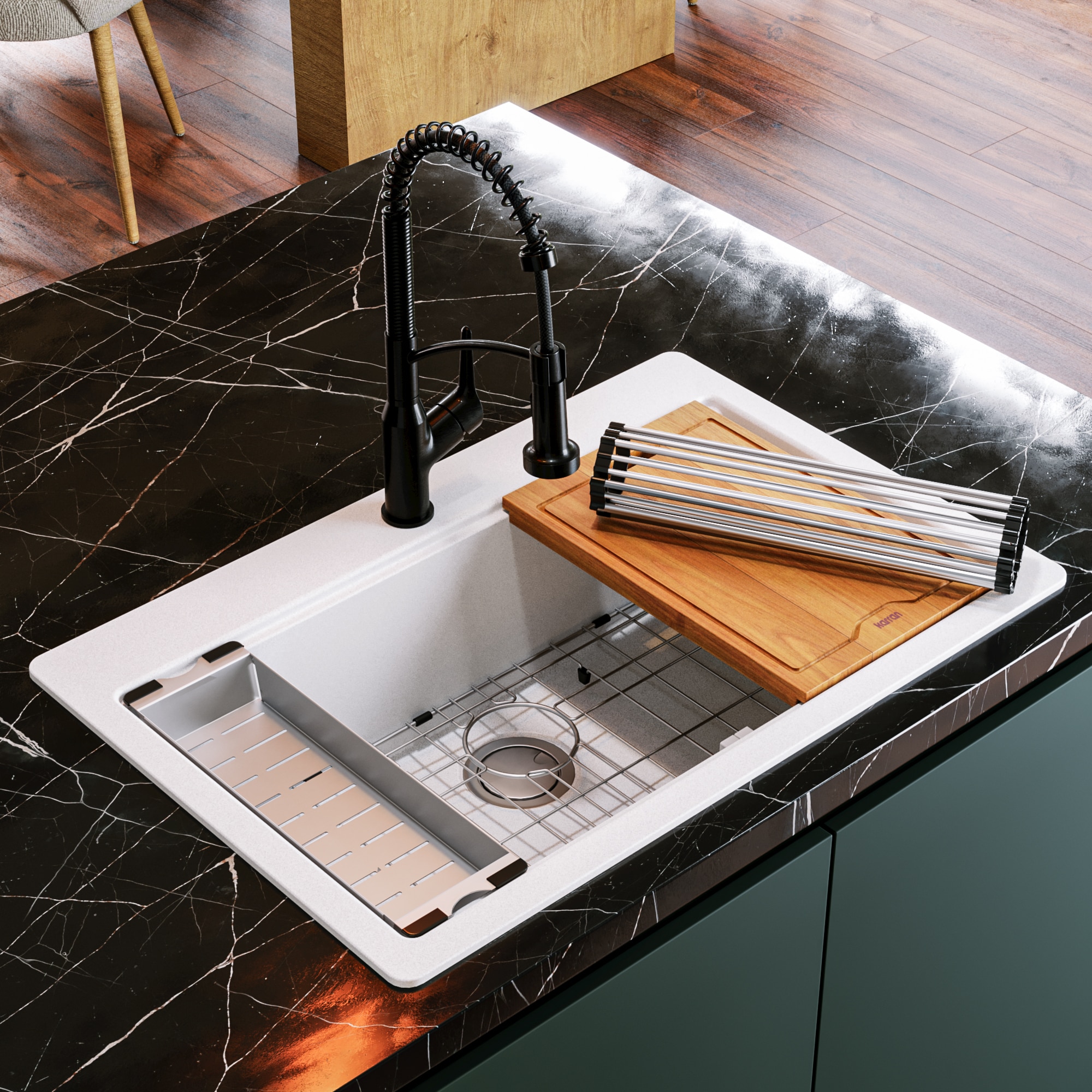 Karran QTWS-875-WH Drop-in 33-in x 22-in Quartz Single bowl 1-Hole Workstation Kitchen Sink