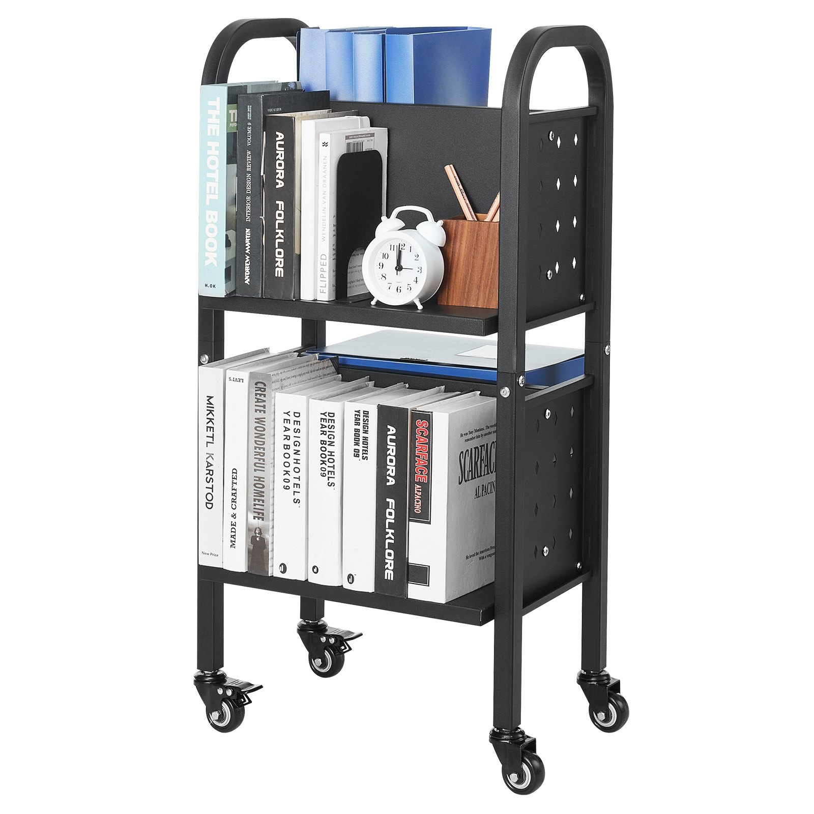 Mecale 2-Tier Steel Rolling Library Book Cart 150-lb Capacity Double-Sided with A4 Side Compartments Black #YAS-I3FGGD