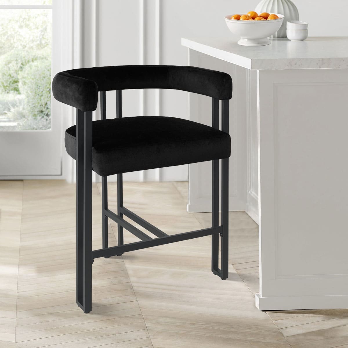 Maison Boucle MIA-C-V-BLACK-1PK Black Velvet Counter Height Bar Stool with Armrest and Curved Back for Kitchen Island