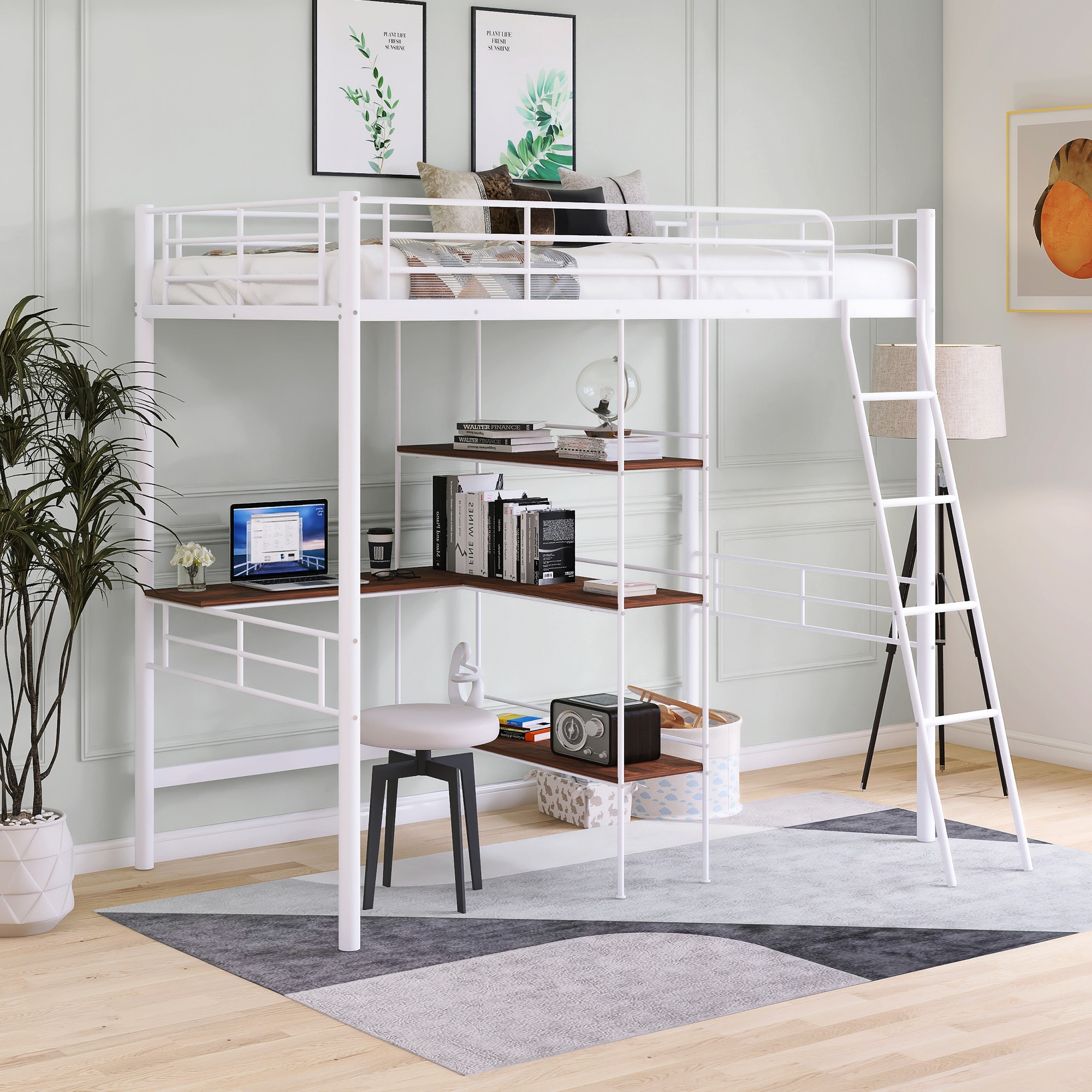 Twin Size Loft Bed with Built-in Desk, Storage Shelves and Drawers, White - ModernLuxe