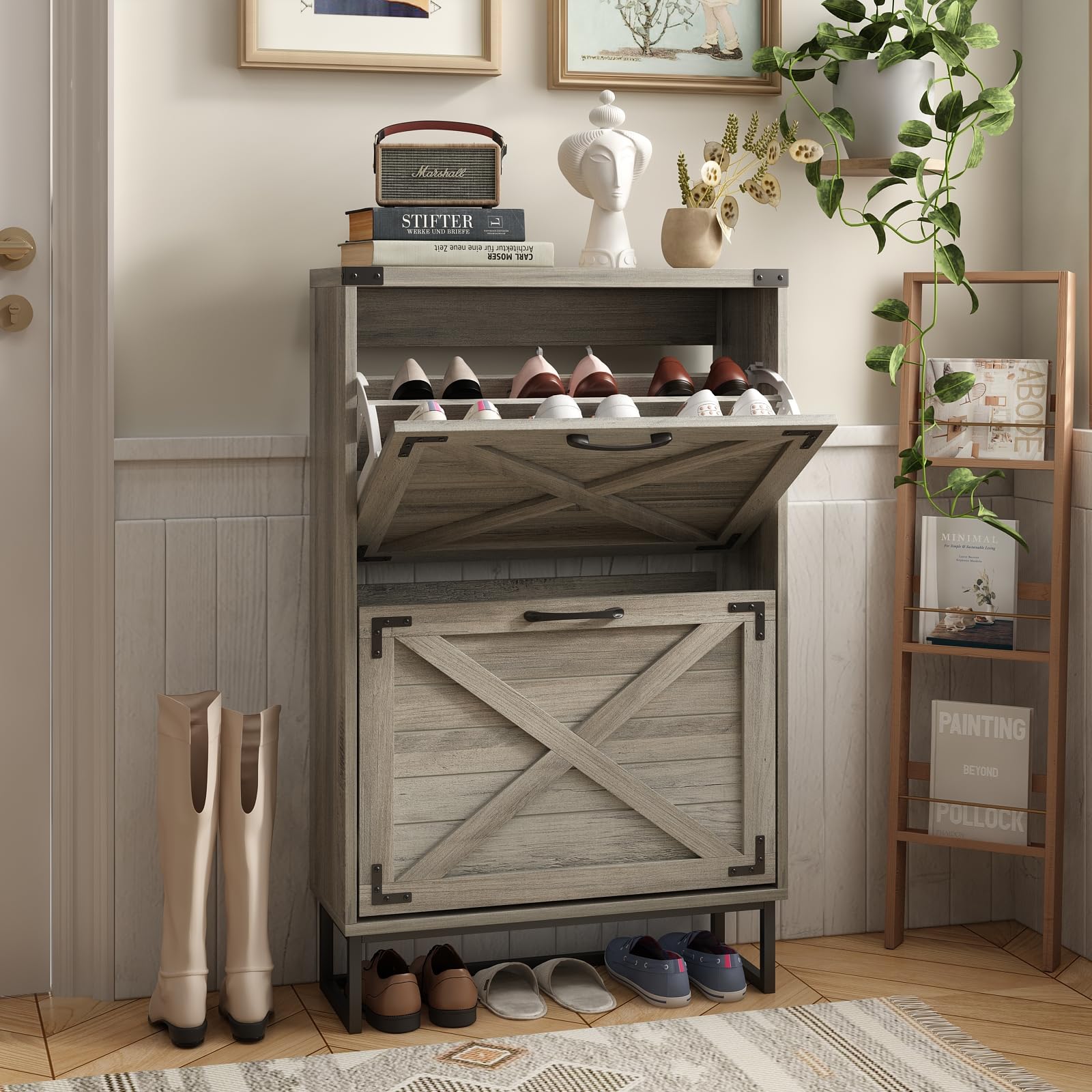 Vabches 38-in H Washed Gray Farmhouse Shoe Cabinet Storage for Entryway Freestanding Organizer with 2 Flip Drawers Metal Corner Decoration