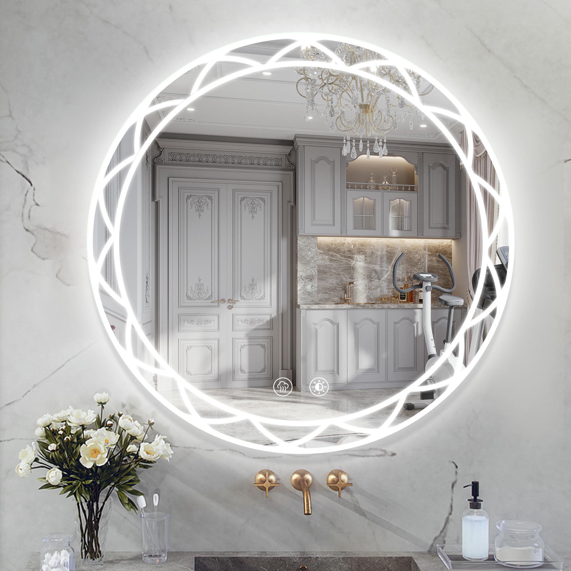 Bybafun YB5100080 36-Inches x 36-Inches Polished Frameless Round Dimmable Lighted Fog Free Bathroom Vanity Mirror ( White )