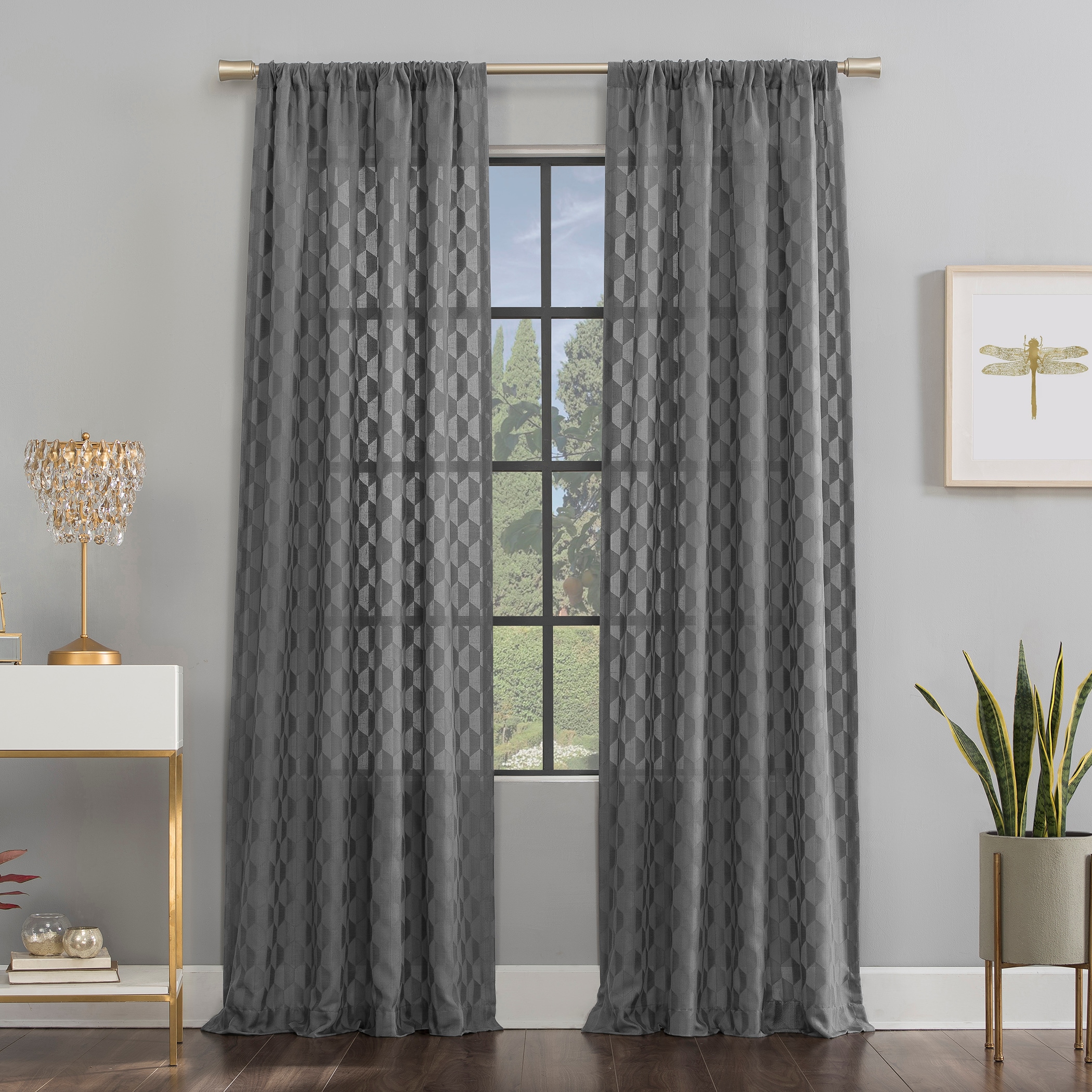 Gray Geometric Light-Filtering Rod Pocket Drapes