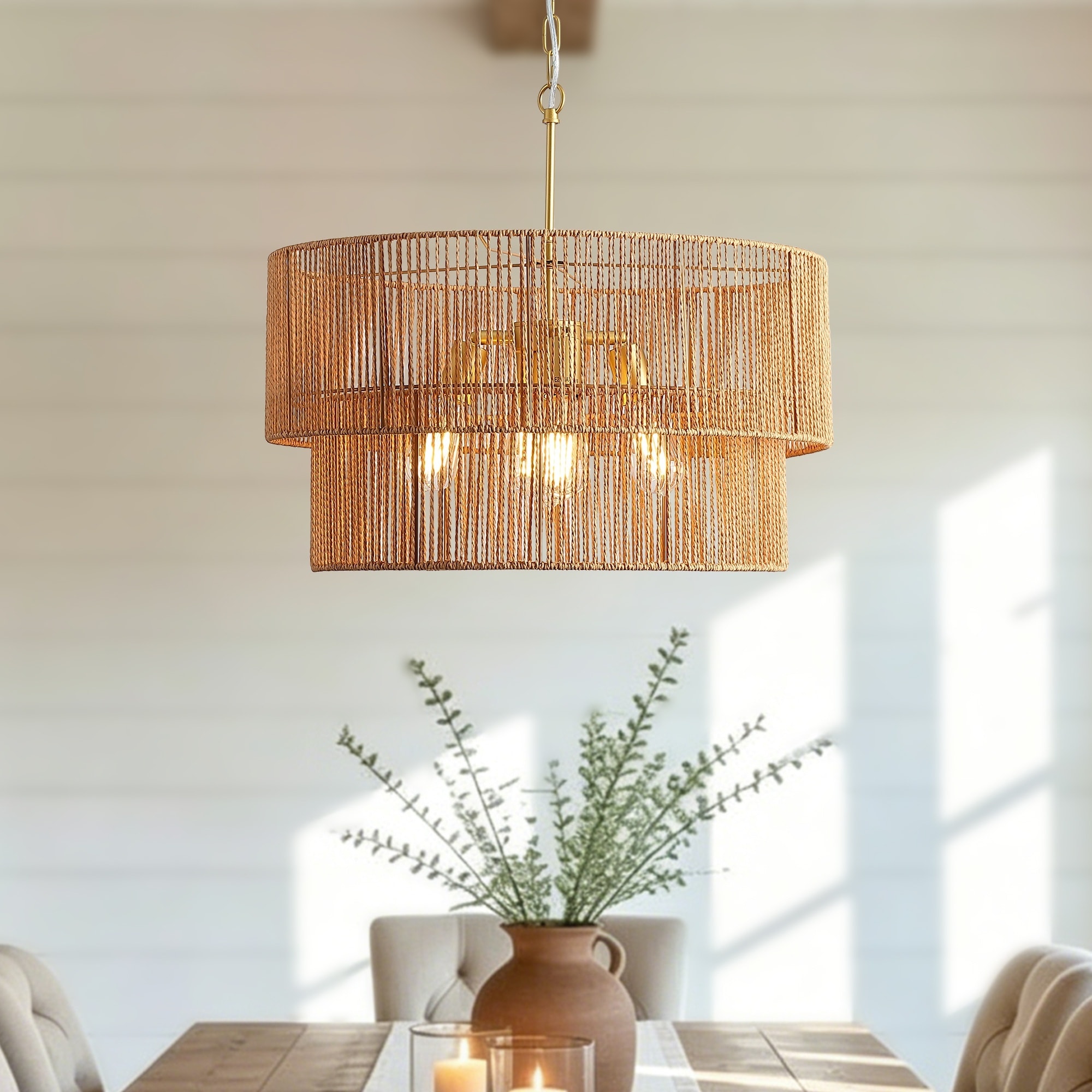 UOI - 24 inch Gold Handwoven Paper Rattan 2-Tier Chandelier with Adjustable Height for Dining Roo...
