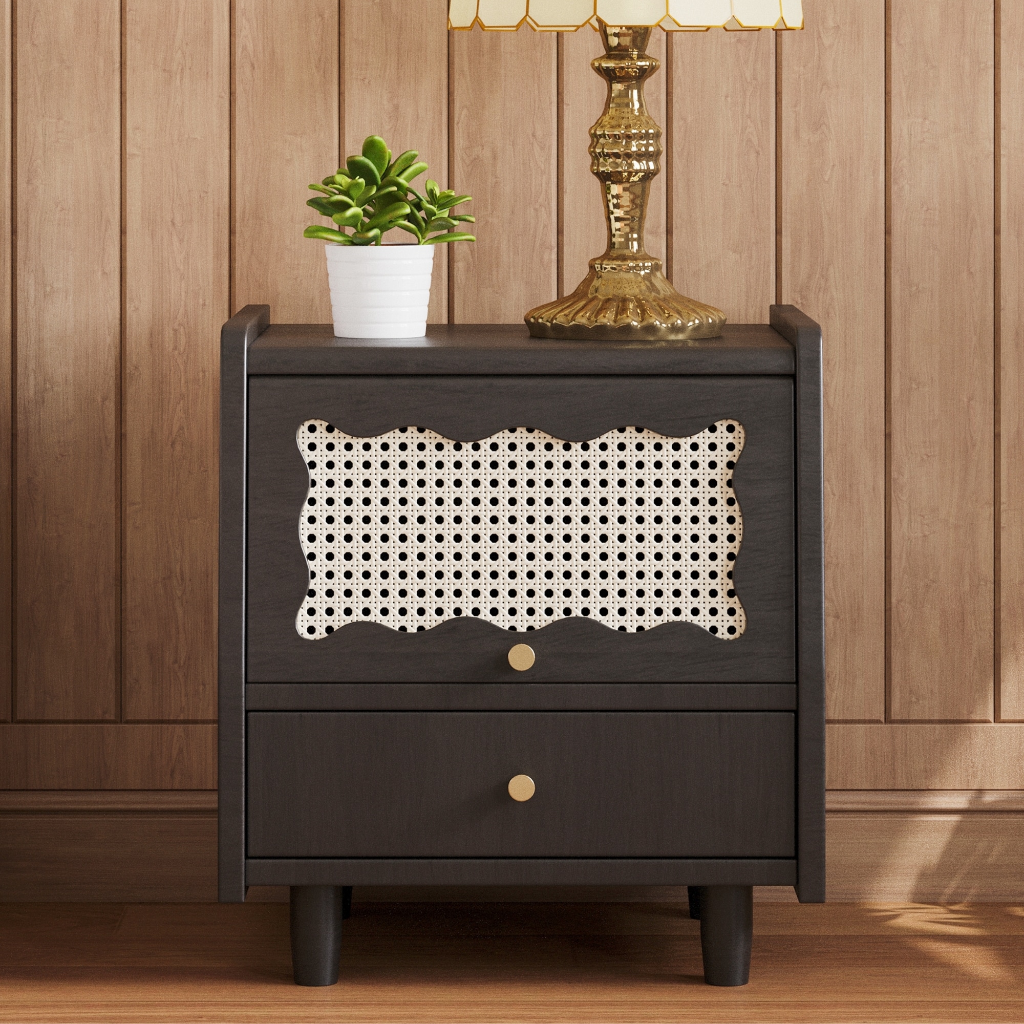 ModernLuxe N733P180009B Wooden Nightstand with RattanWoven Storage Cabinet and 1 DrawerExquisite Elegance with Natural Storage Solutions for BedroomBlack