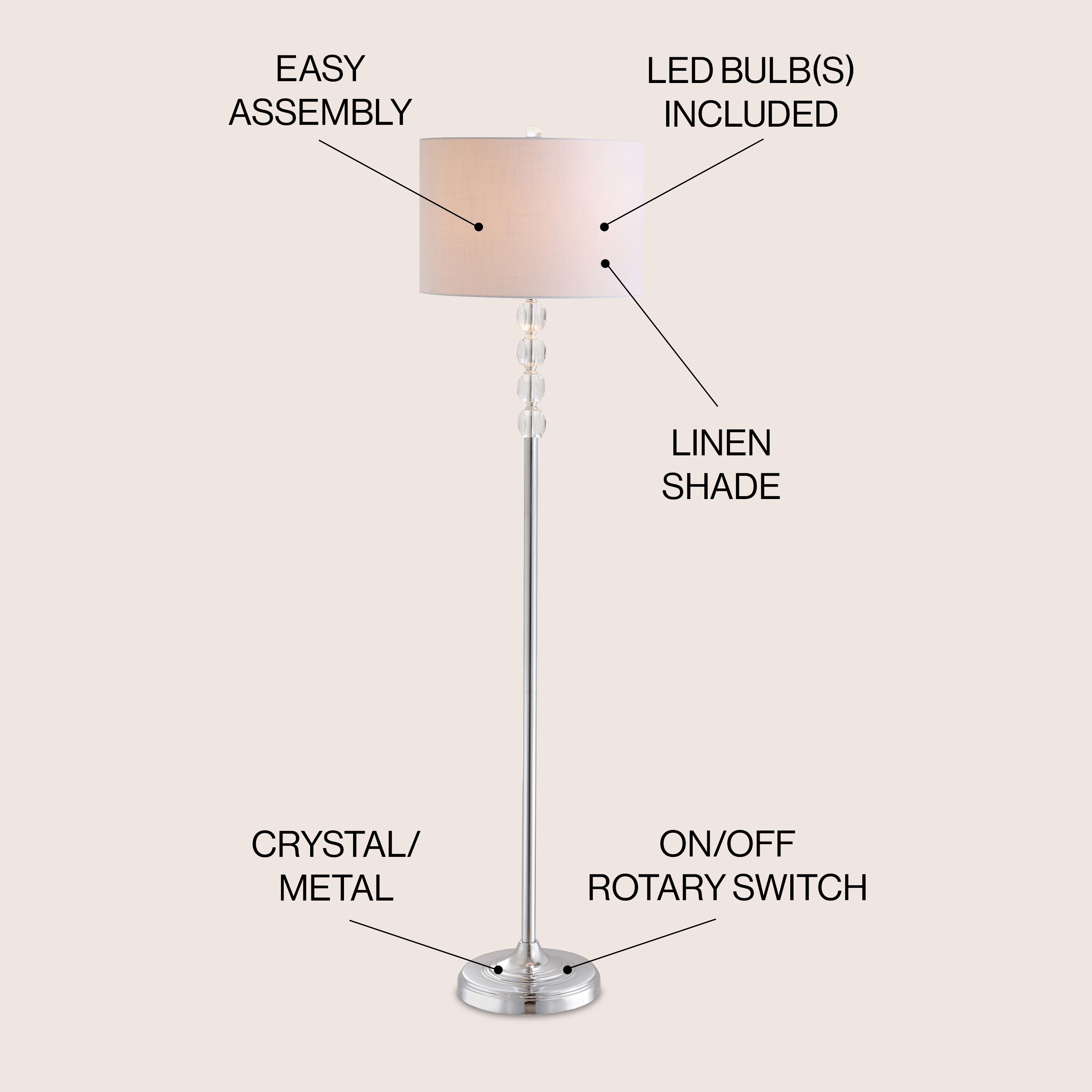Aubrey Transitional Glam 59.5" White Linen Shade Crystal Floor Lamp