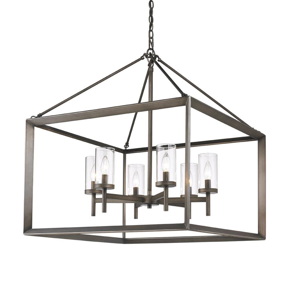 Contemporary Beveled Cage 6-Light Bronze Chandelier with Clear Glass