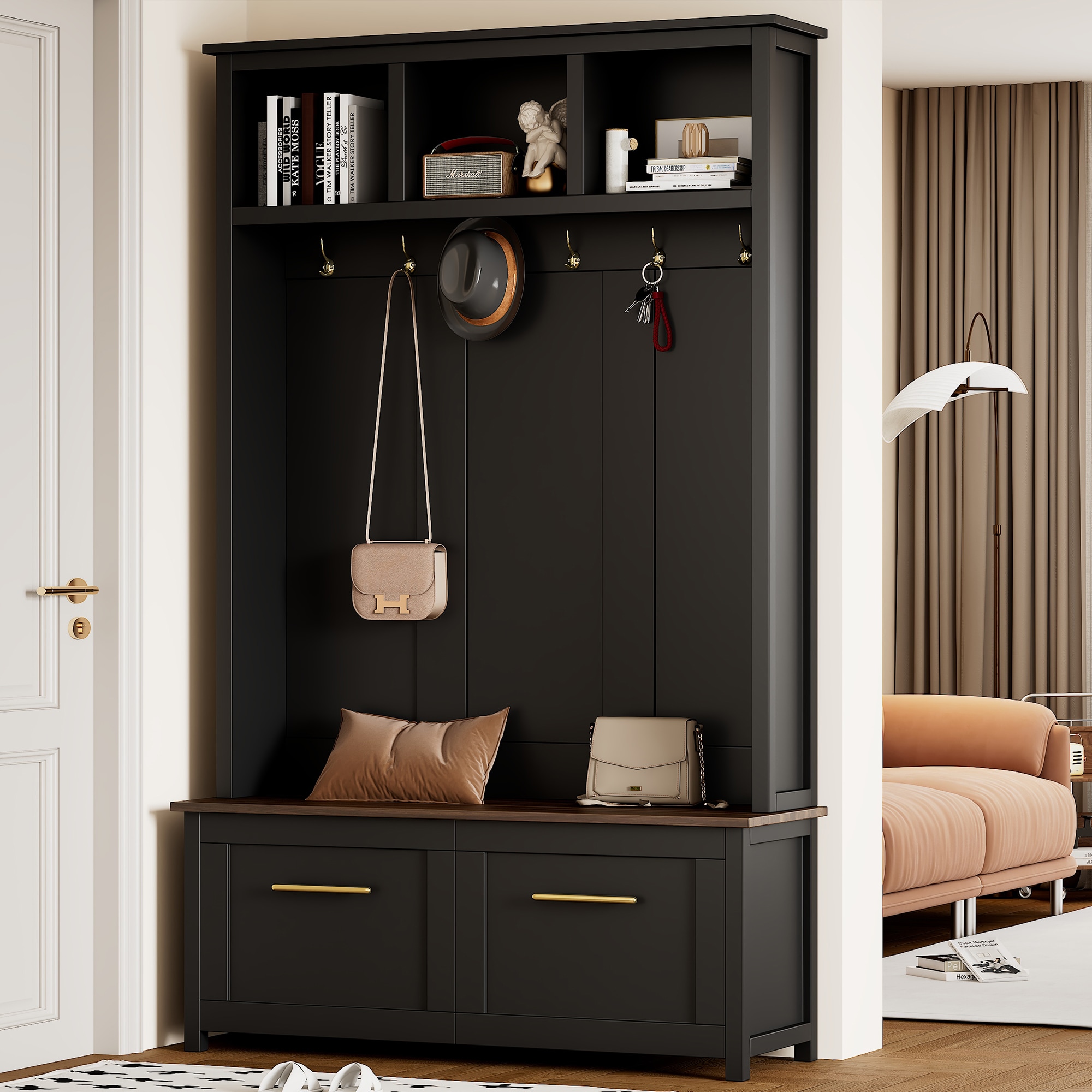 ModernLuxe N721P272898B Versatile 4in1 Hall Tree with 6 Golden HooksWood Grain Bench with Multiple Storage SpaceEntryway Coat Rack with 2 Drawers for Living RoomHallwayBlack