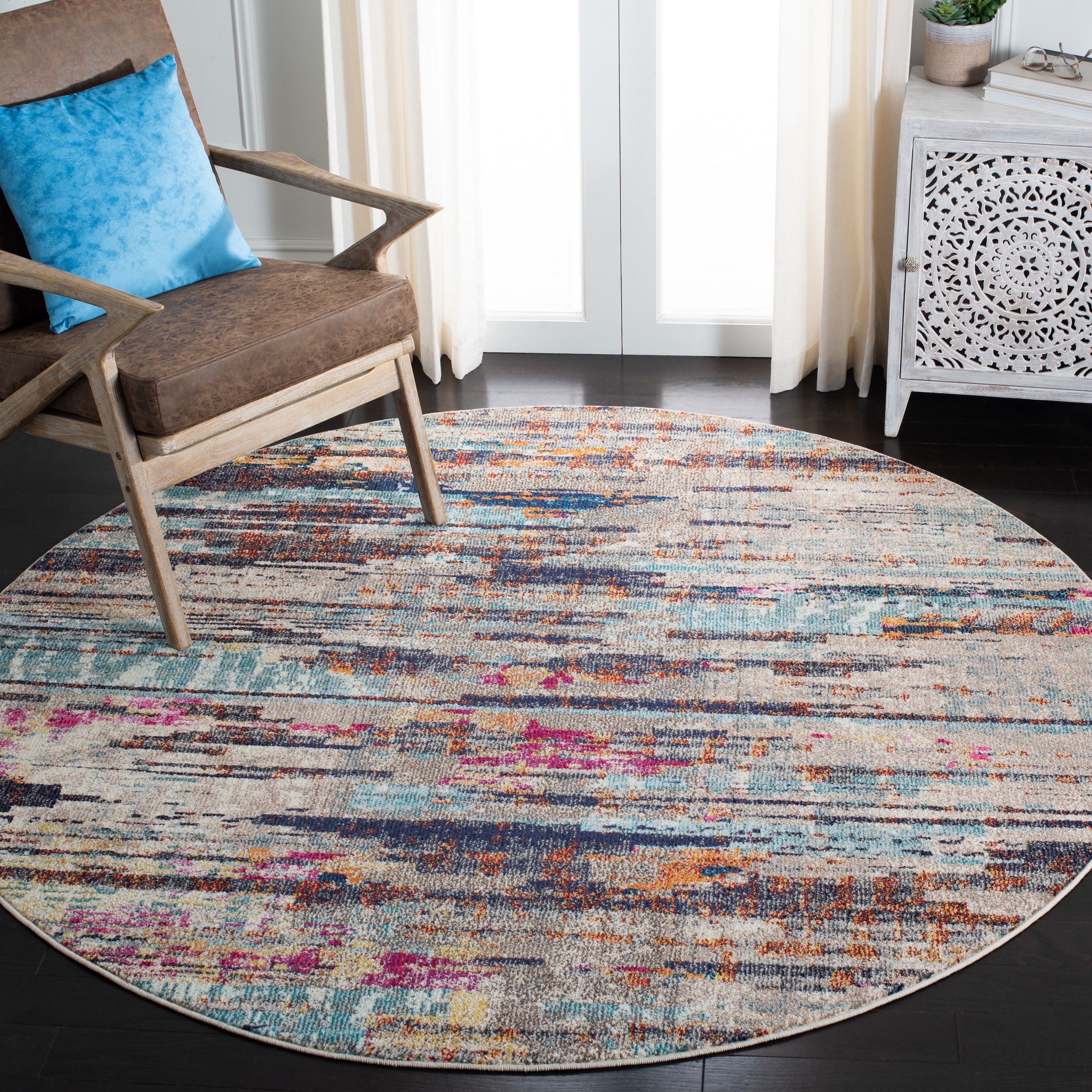 Safavieh MAD419F-5R Madison Surate 5 x 5 (ft) Loomed Polypropylene Gray/Turquoise Round Indoor Abstract Bohemian/Eclectic Area rug