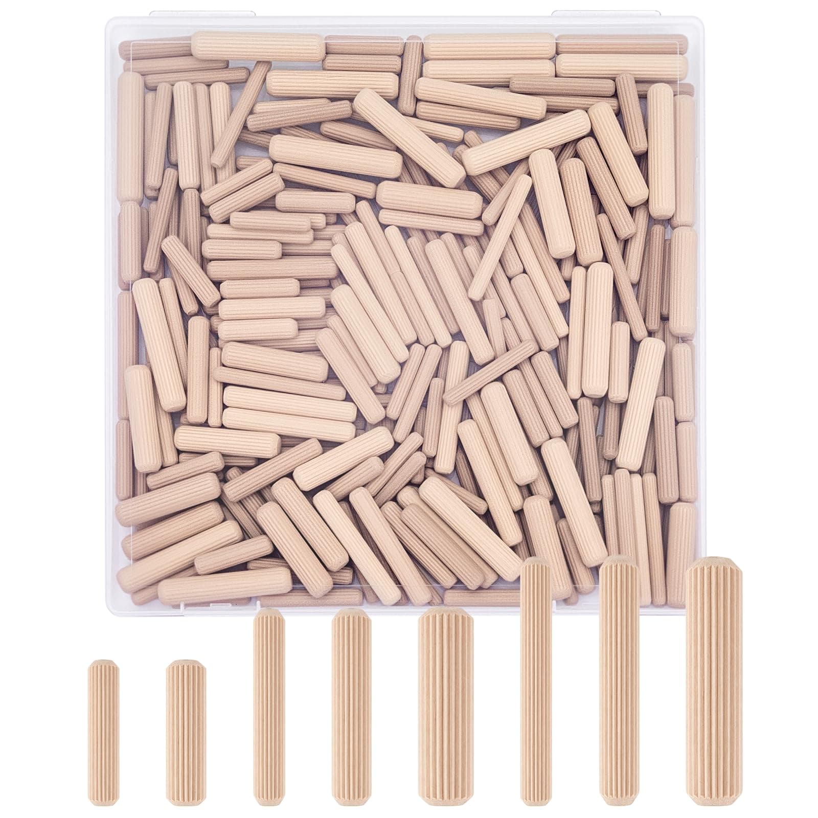 Etokfoks  300 Piece Wooden Dowels Assortment Set 8 Sizes 1 4 5 16 and 3 8 Inch Straight Grained Hardwood Dowel Pins with Storage Case
