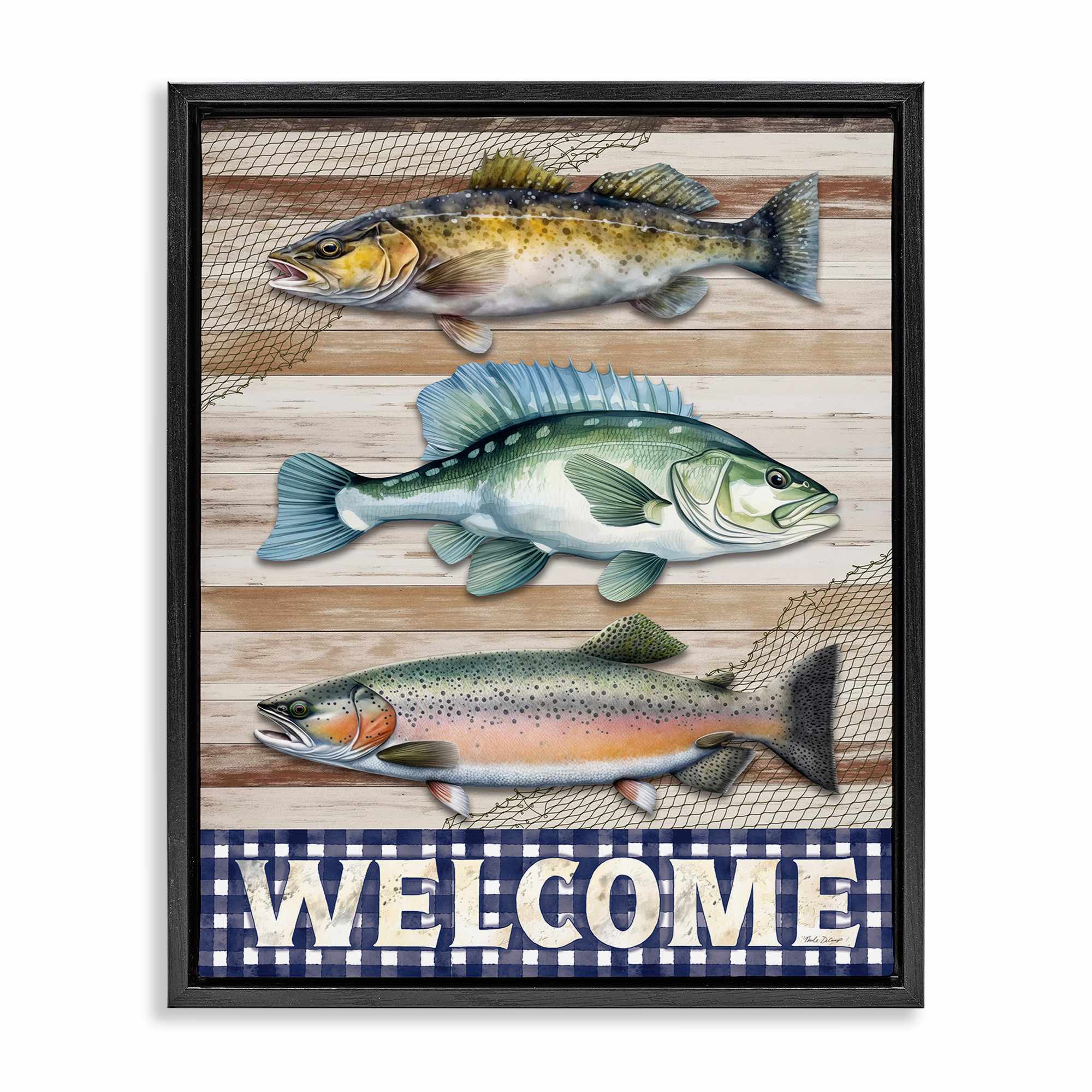 Stupell Industries BT-574-FFB-24X30 Welcome with Rustic Fish Floating Frame design by Nicole DeCamp