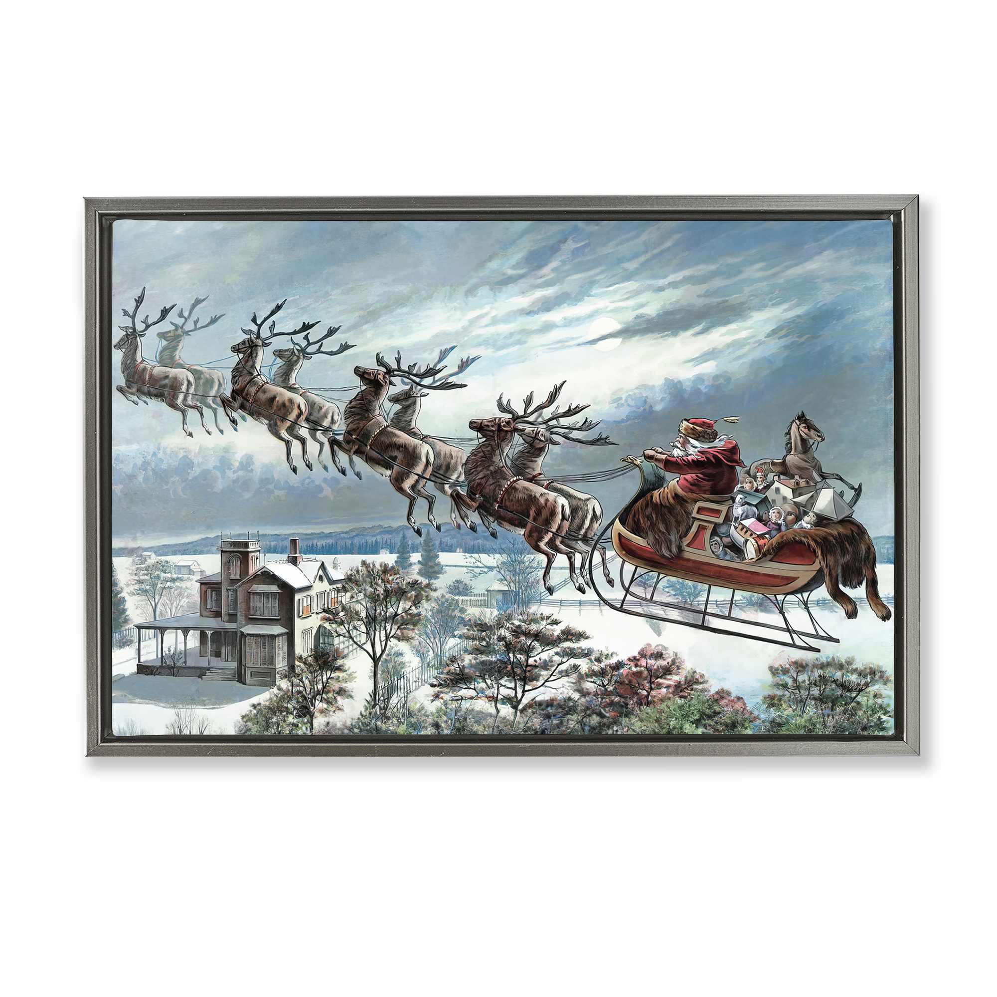 Stupell Industries BT-929-FFL-16X24 Santa's Sleigh over Town Gray Framed Floater Canvas Wall Art By Arlington Prints 25 x 17