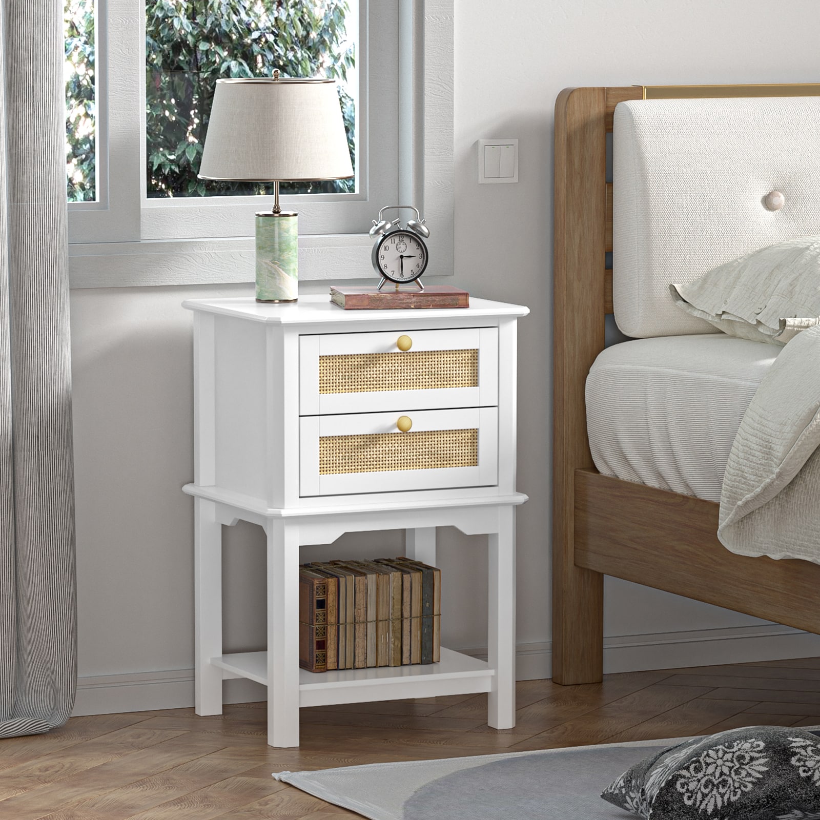 Delarpo GN002 Rattan White Nightstand