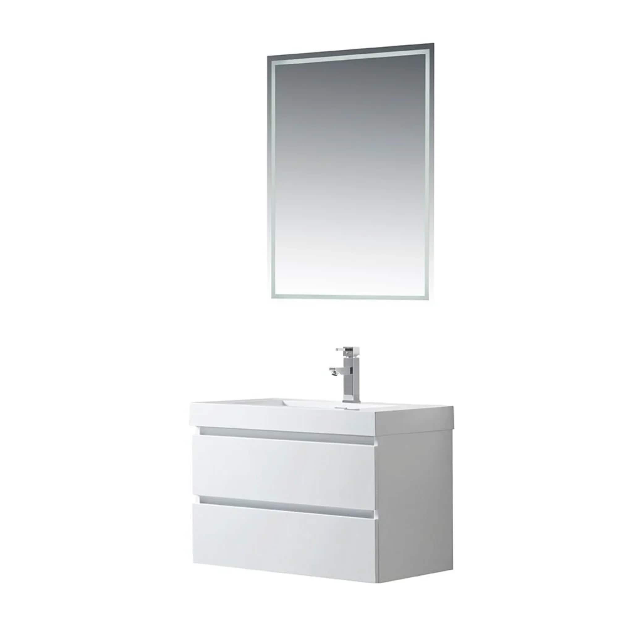 Glossy White Wall-Mount Single Sink Bathroom Vanity with Resin Top
