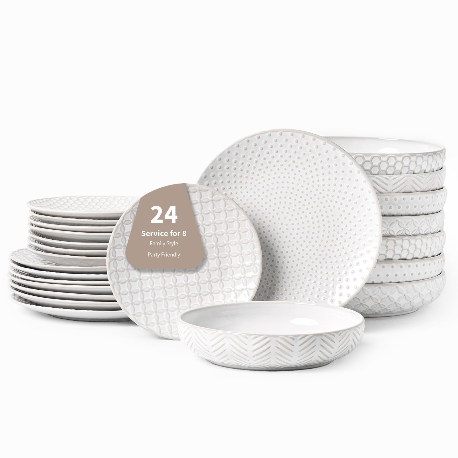 Aoibox  24 Piece Embossed Ceramic Dinnerware Set Elegant Durable Plates Salad Plates Pasta Bowls Service for 8