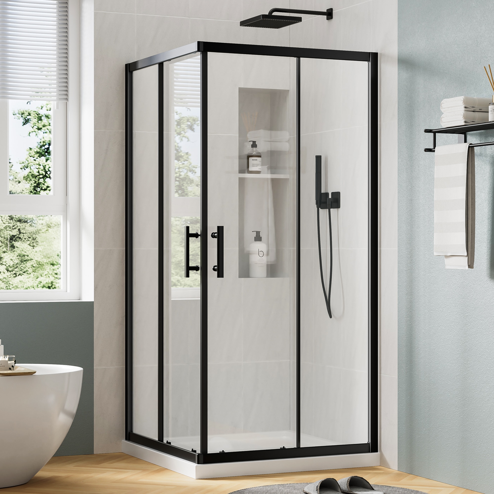 TcwVwc  Matte Black 36 in D X 36 in W X 72 in H Corner Enclosure Clear Tempered Glass with Safety Film Double Sliding Shower Door