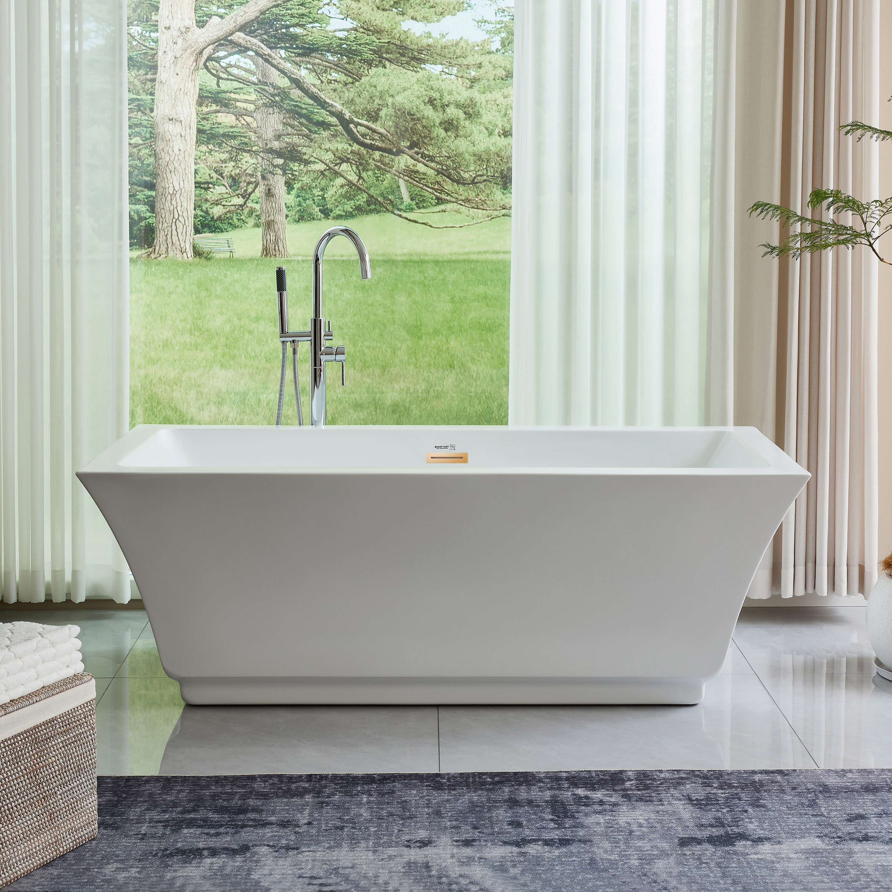 Vanity Art VA6817-S-TG 30-in x 59-in White/Titanium Gold Acrylic Oval Freestanding Soaking bathtub ( Center Drain )
