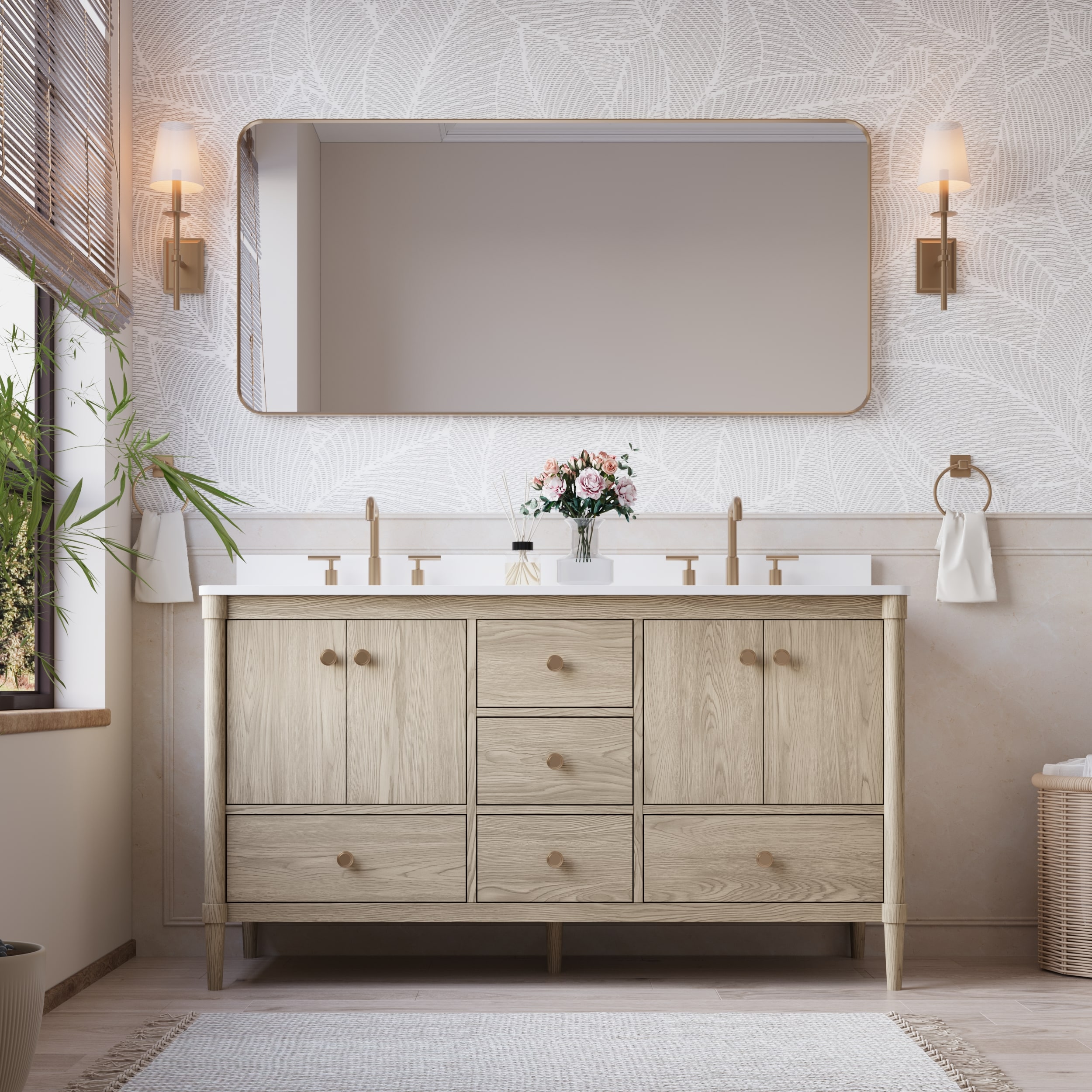 WELLFOR EX-VEBV48BU ETHAN Solid Wood Bathroom Vanity 60-in Oak Undermount Double Sink Bathroom Vanity with Carrera White Quartz Top