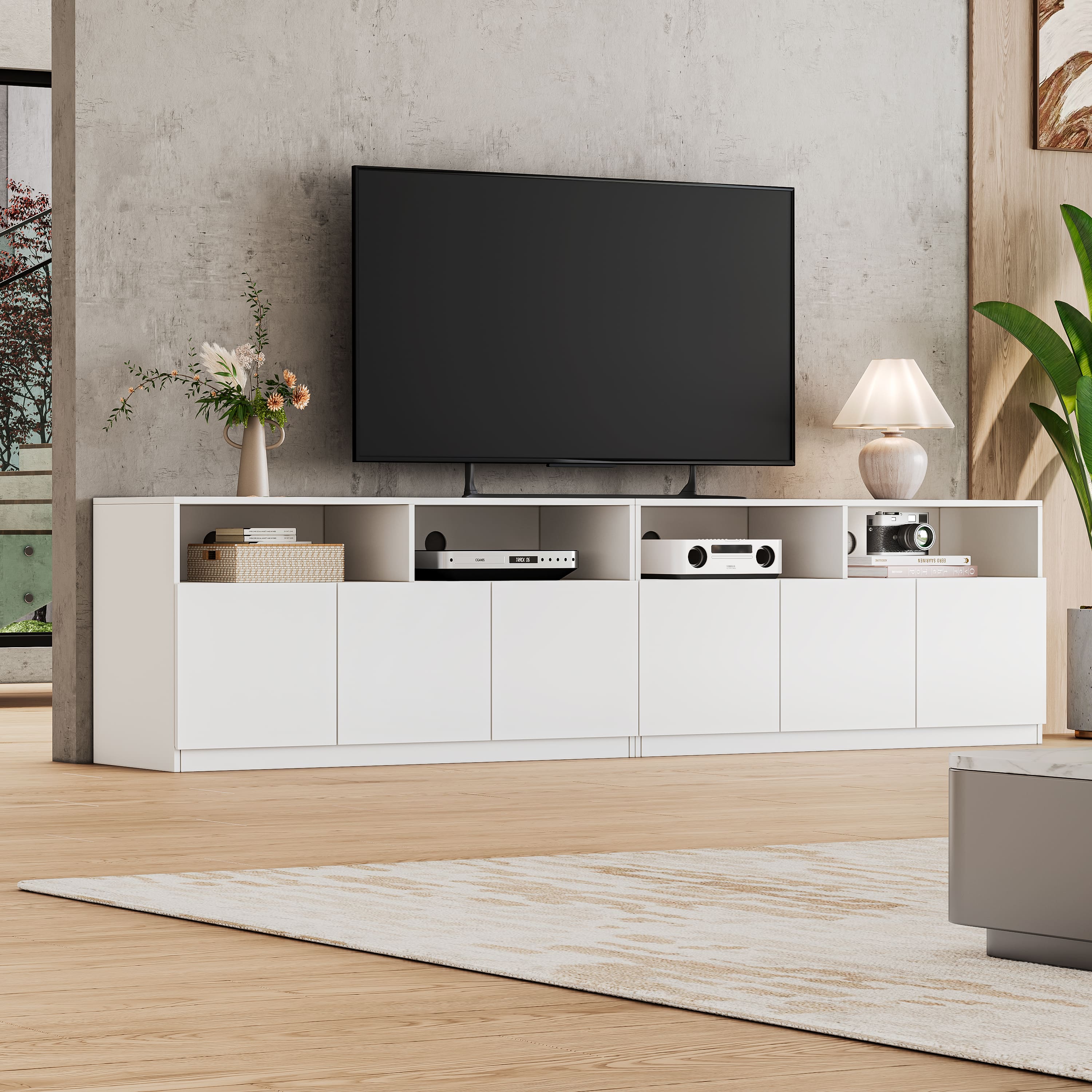ATJafurn 94.5-in W White Modern TV Stand Media Console Table for 70/75/85/100 inch TV - Entertainment Center with Large Drawers Storage and Cable Management for Living Room Apartment