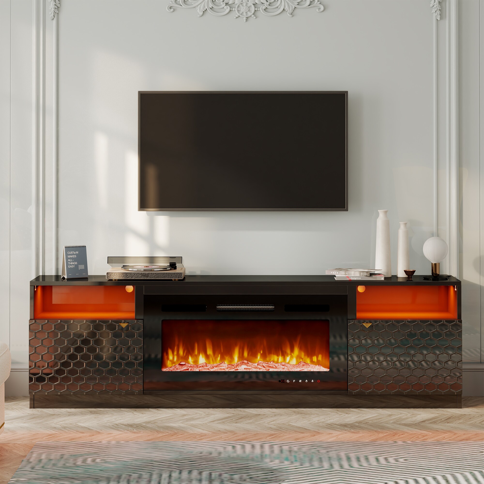 Clihome 71-in W Black TV Stand with Fan-forced Electric Fireplace in ...