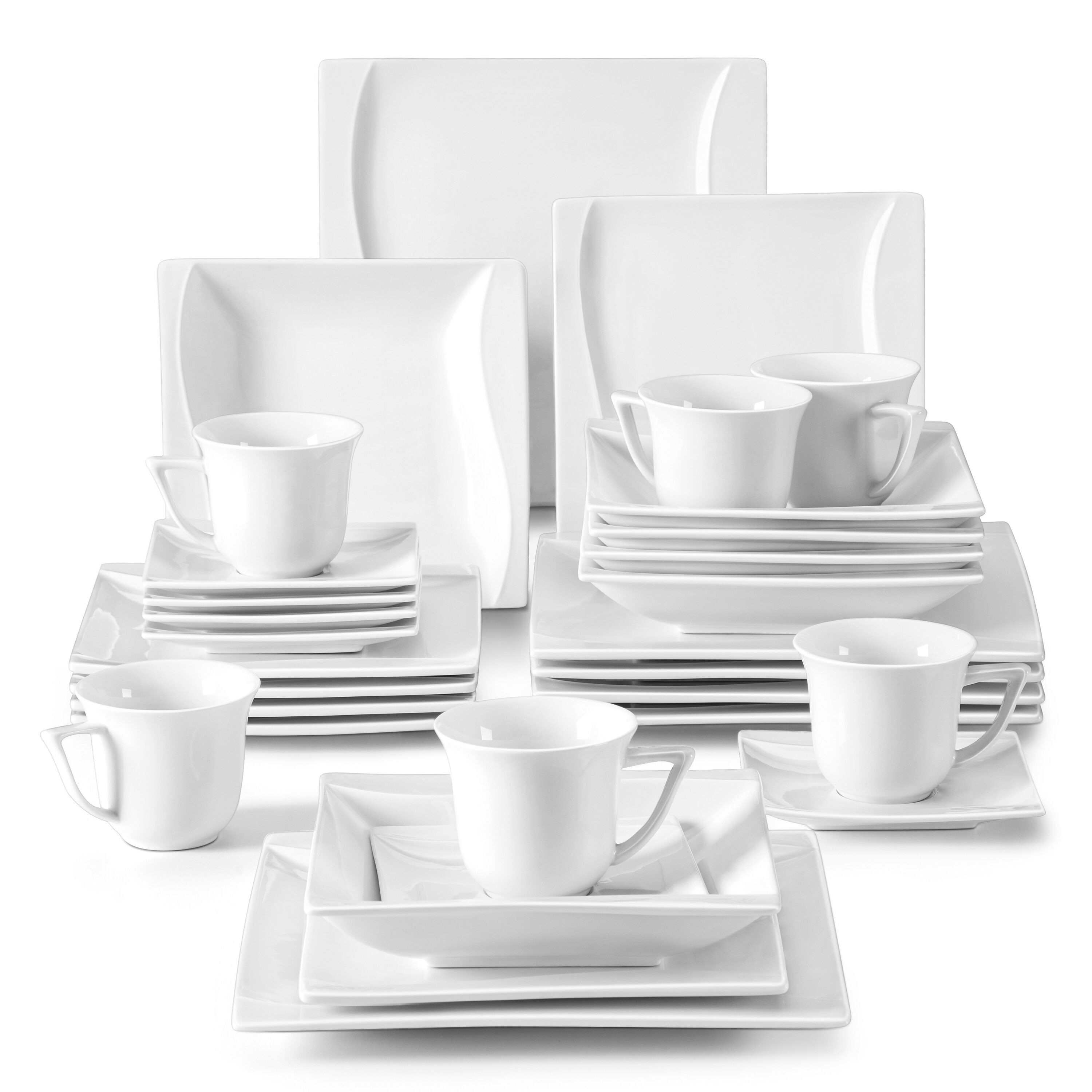 MALACASA Square Dinnerware Sets, 60-Piece Ivory White