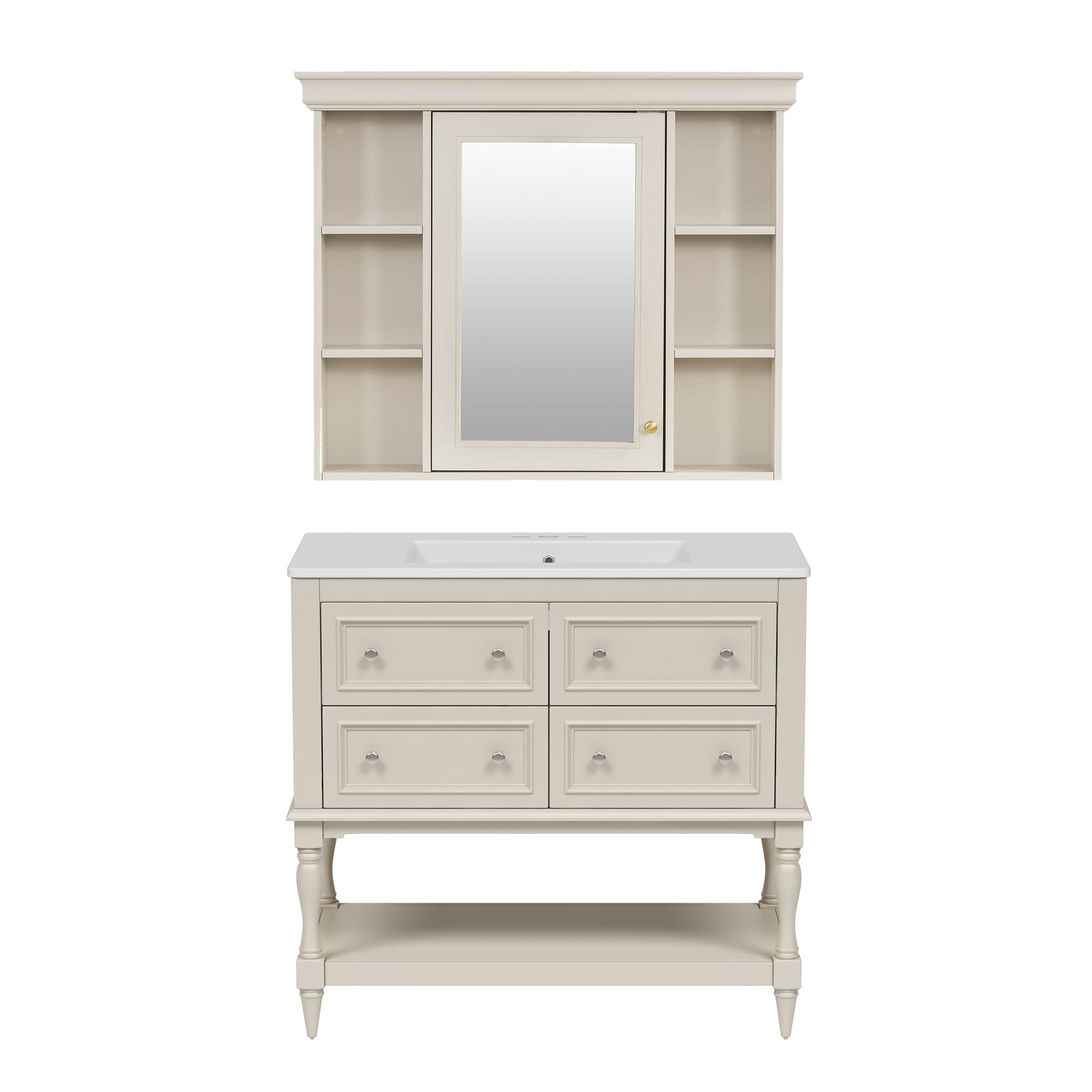 BEARSOLIM 36-in Bathroom Vanity with Ceramic Sink Medicine Cabinet Adjustable Shelf 4 Drawers Solid Wood Frame Bathroom Storage Cabinet