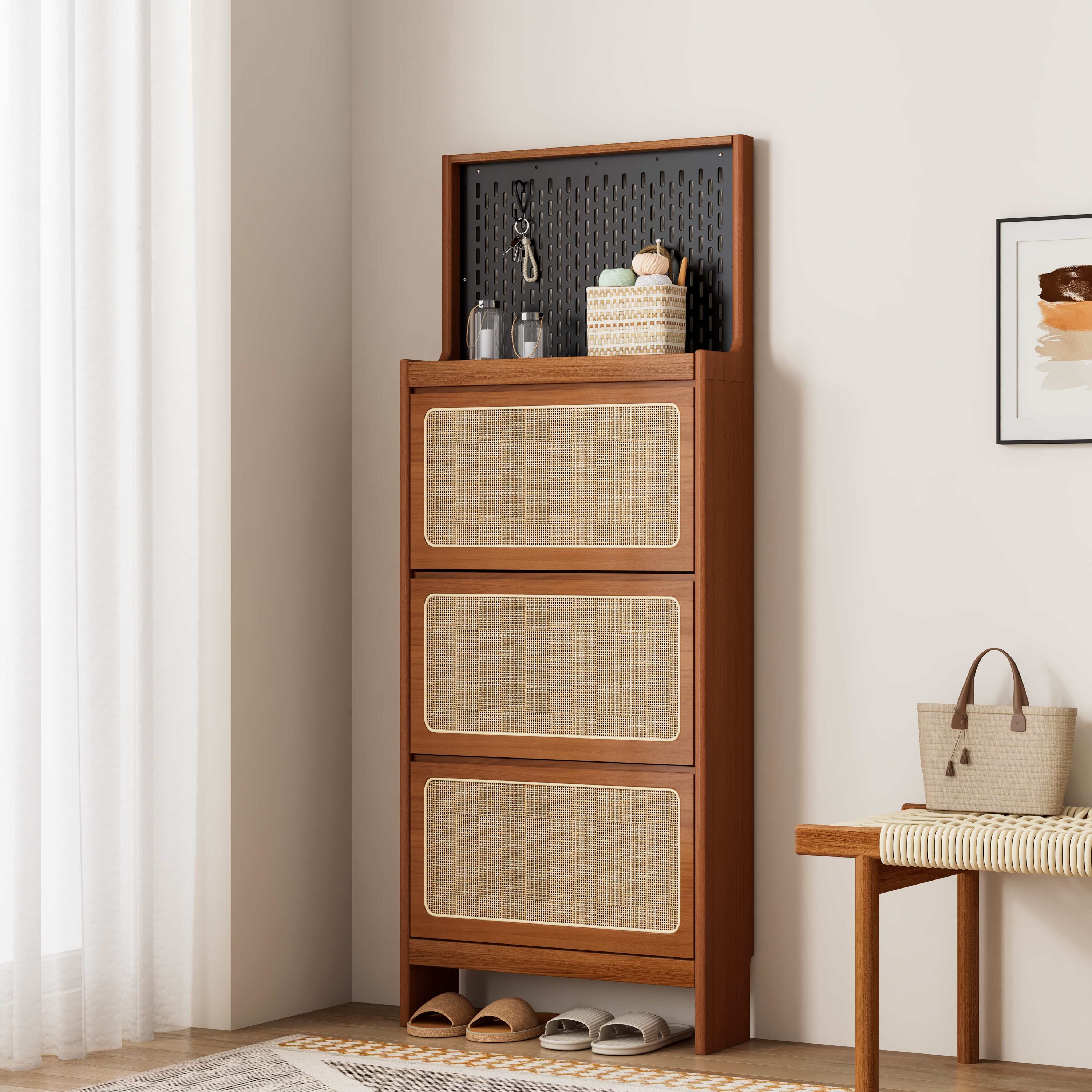 Vynxaria  65 Inch Rattan Shoe Cabinet 3 Flip Drawers Black Pegboard Anti Tipping MDF Rock Plate Top Holds 9 12 Pairs Freestanding