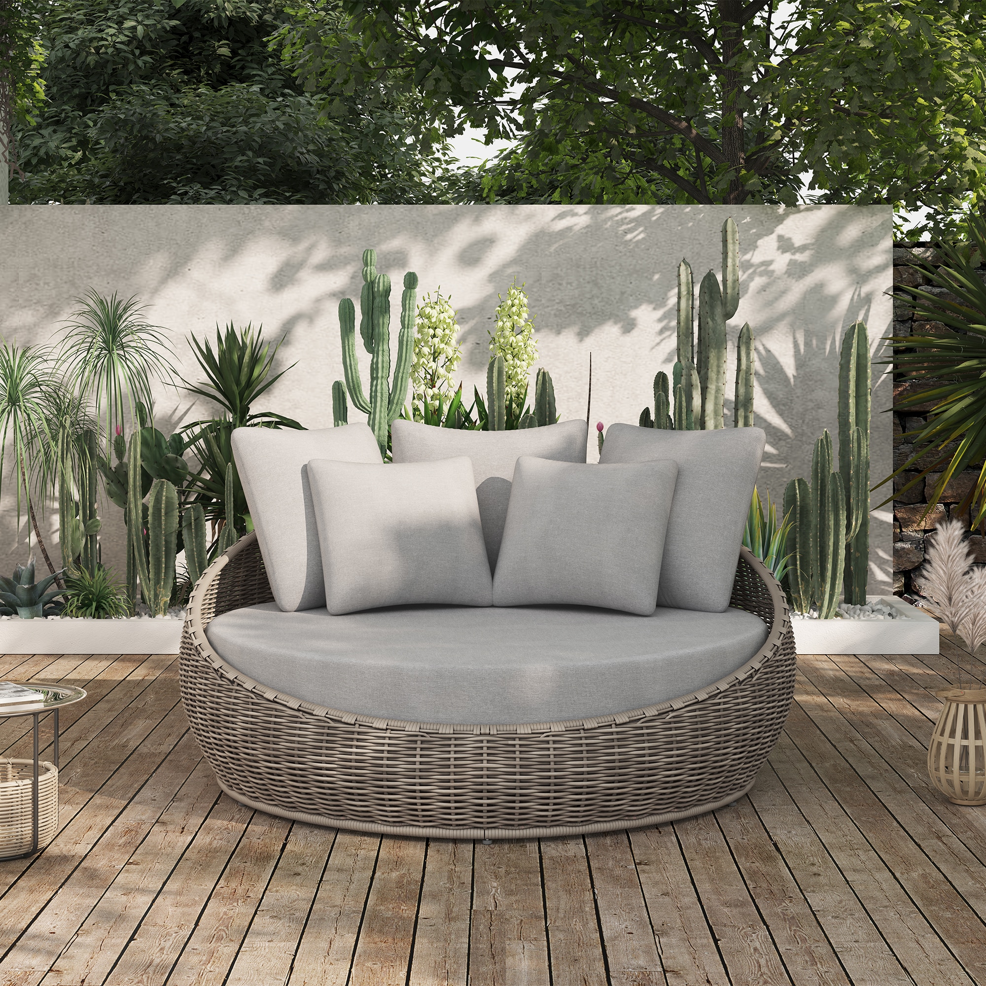 Angeles Home Cushioned Wicker Rattan Outdoor Daybed Thick Pillows Lounge Chair with White Cushion