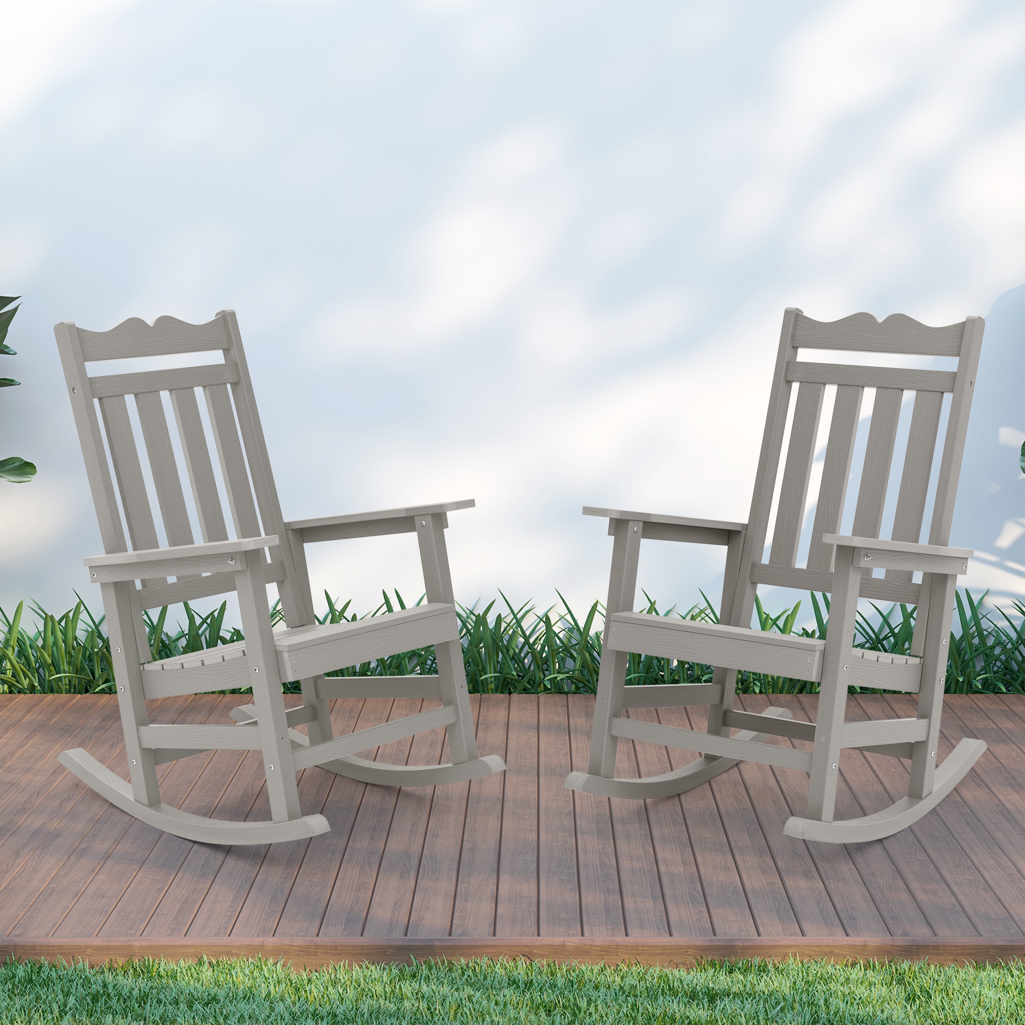 Sonkuki SD-RC-67-LY-2 Patio Chair Set of 2 Light Gray Plastic Frame Rocking Chair with Solid Seat